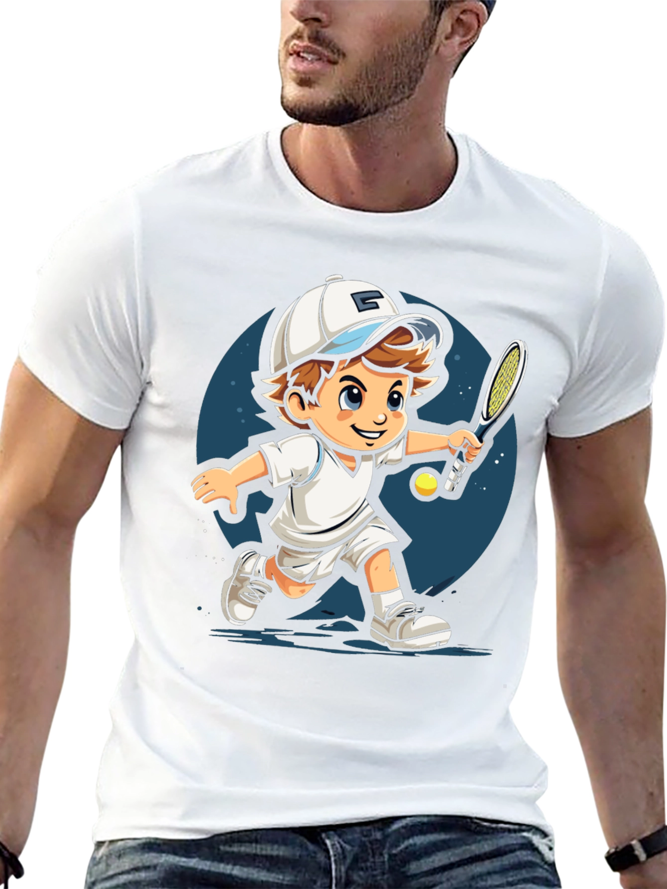 Cartoon Tennis Player Black T-Shirt