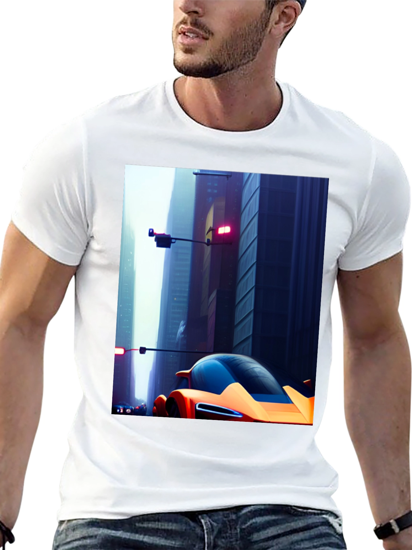 Futuristic Car Graphic Tee - Sleek Cityscape Design
