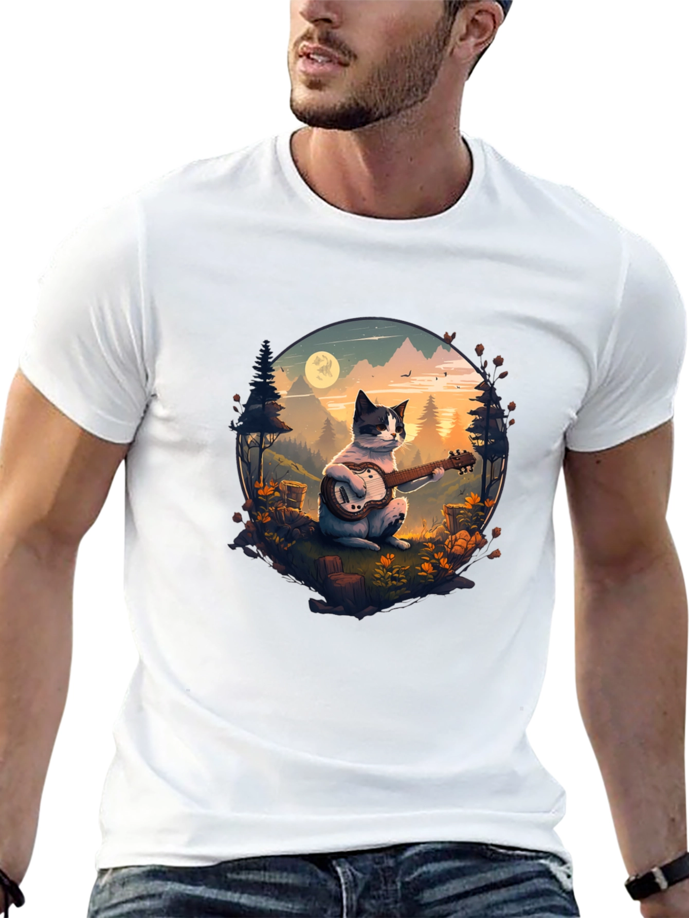 Cat Guitarist Graphic Tee - Unique Nature Design