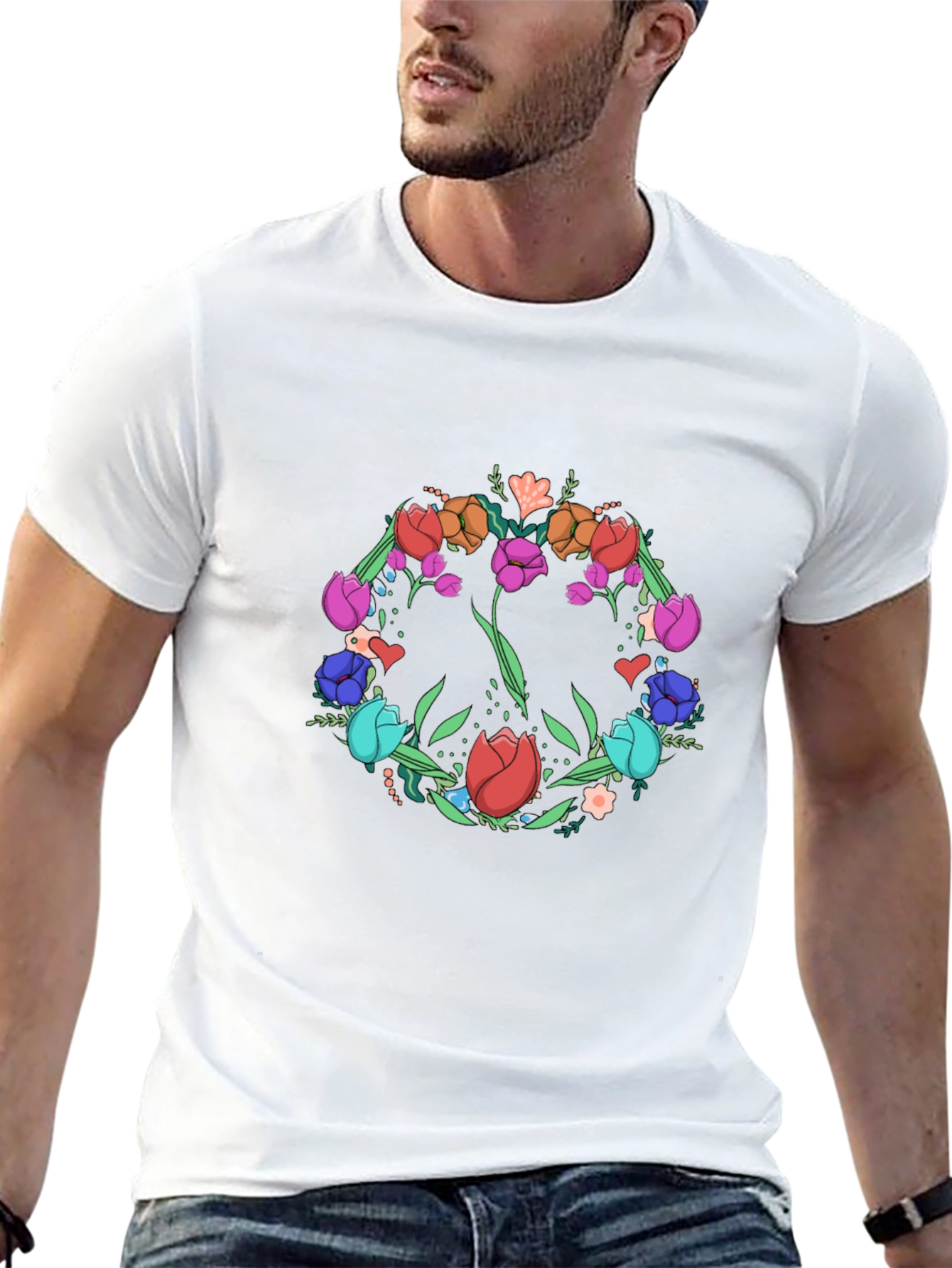 Floral Peace Sign Graphic Tee - Black