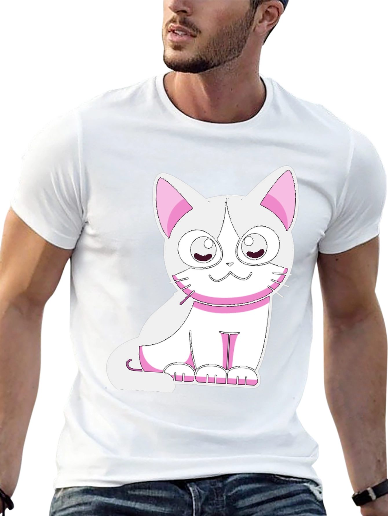 Cute Cat Graphic Tee - Black Cotton T-Shirt