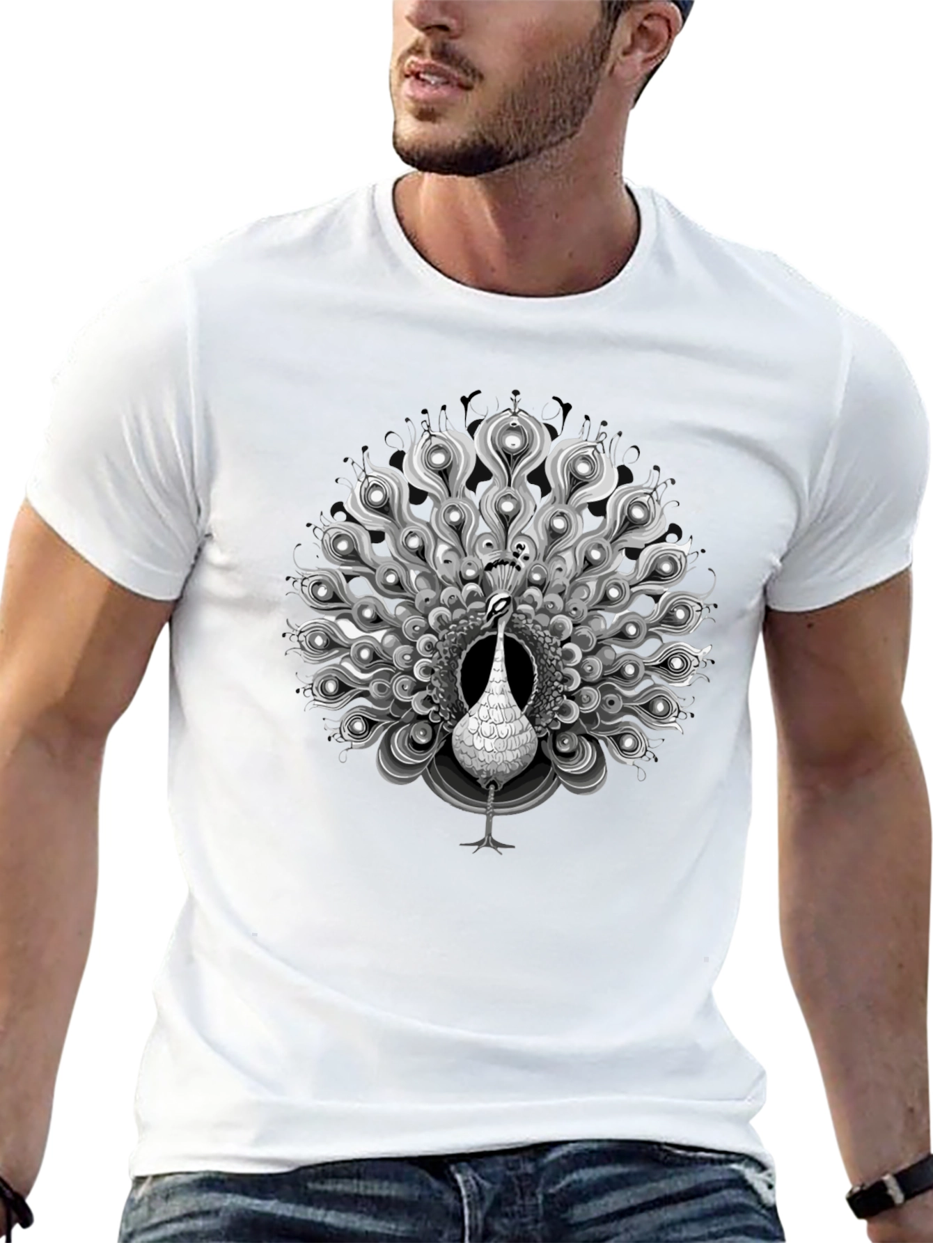 Black Peacock Graphic Tee - Elegant Mens Shirt