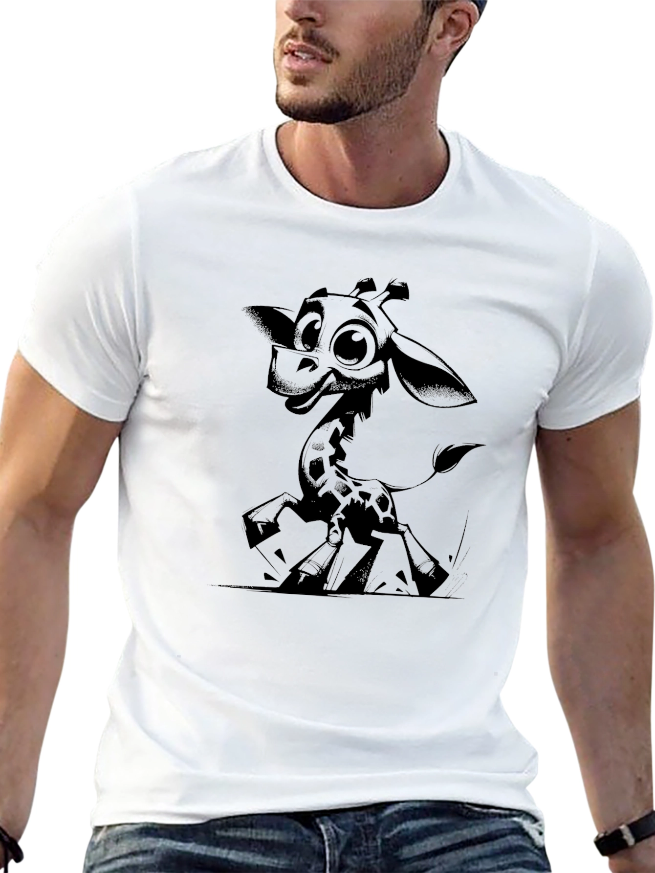 Cartoon Giraffe Graphic Tee - Black Cotton T-Shirt