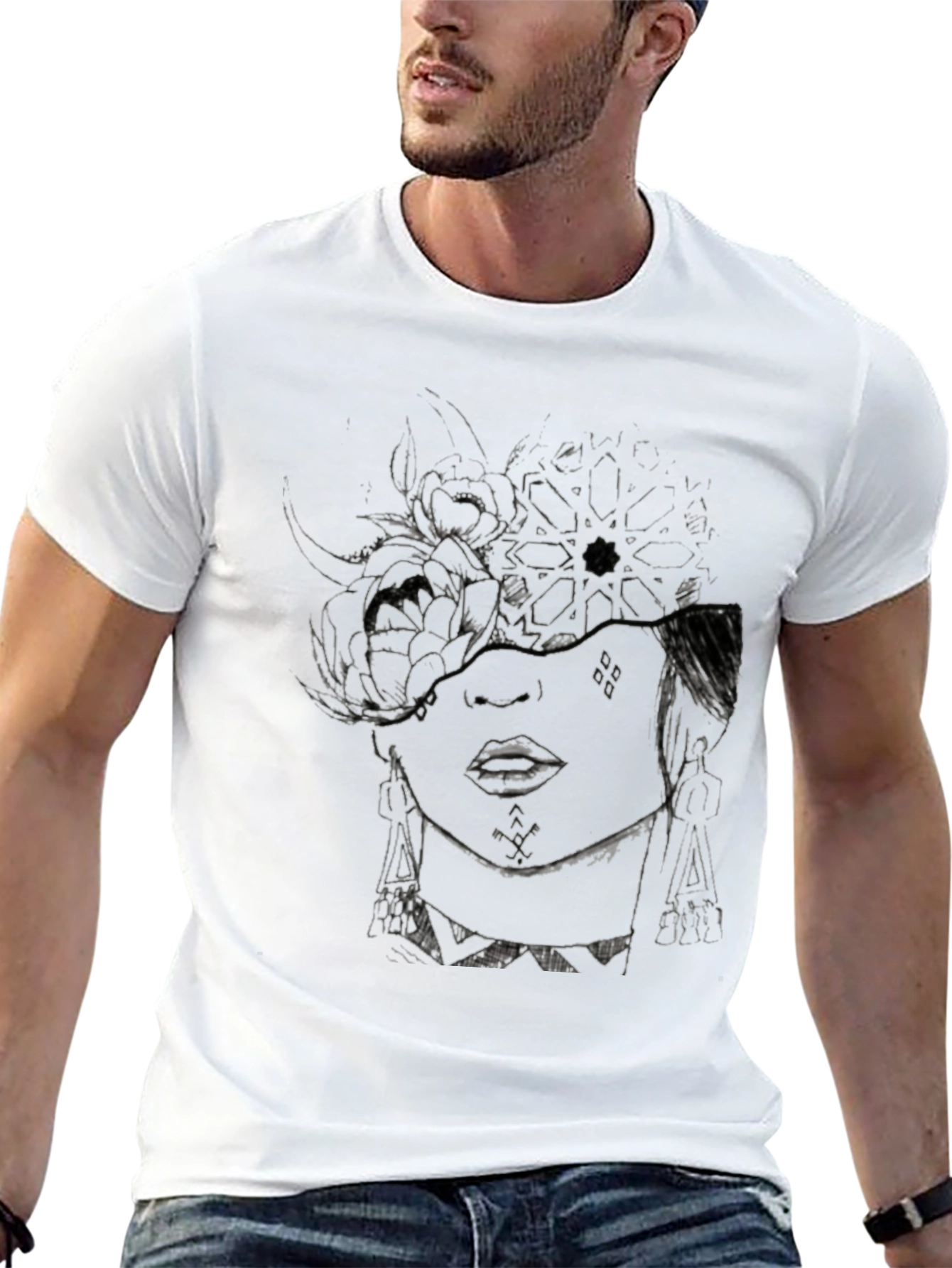 Abstract Floral Face Graphic Black T-Shirt