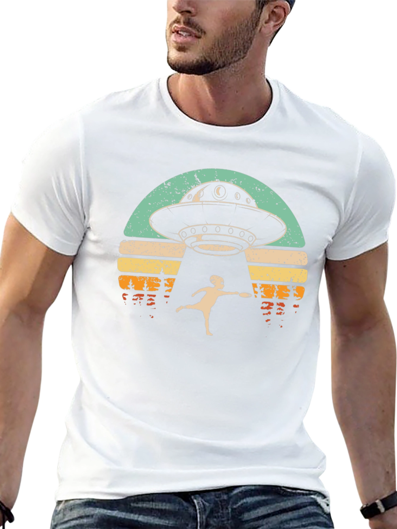 Retro UFO Abduction Graphic Tee - Frisbee Fun