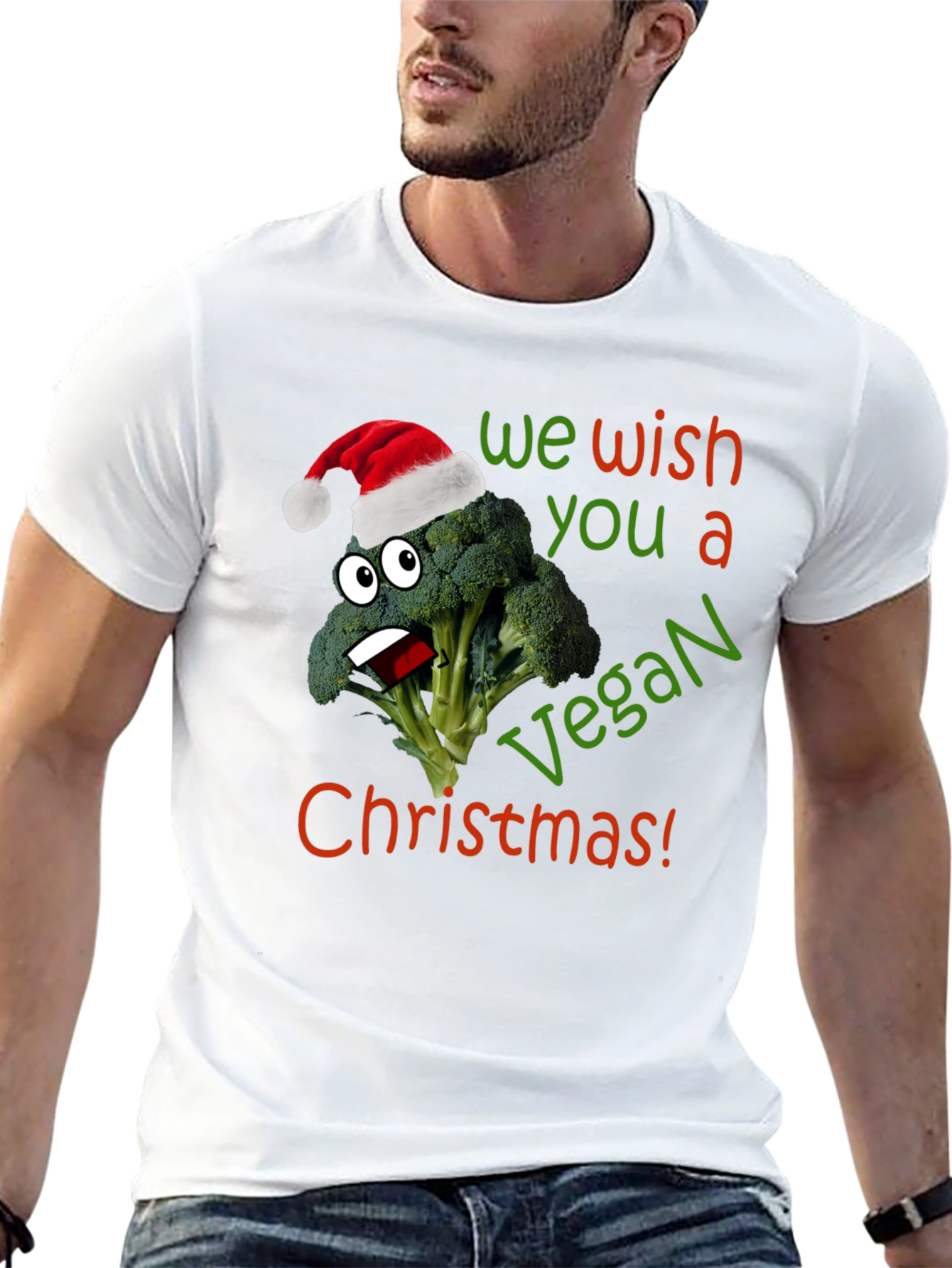 Vegan Christmas T-Shirt - Broccoli with Santa Hat