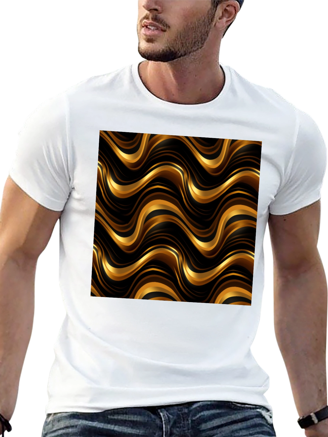 Gold Wave Pattern Black T-Shirt