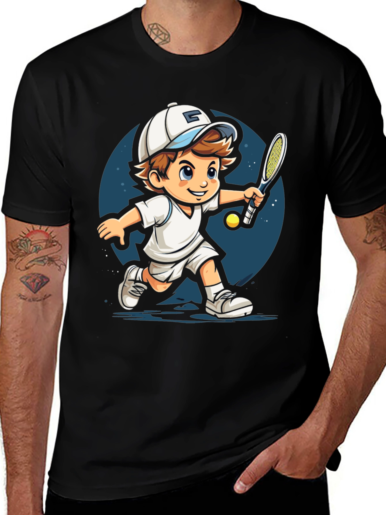 Cartoon Tennis Player Black T-Shirt