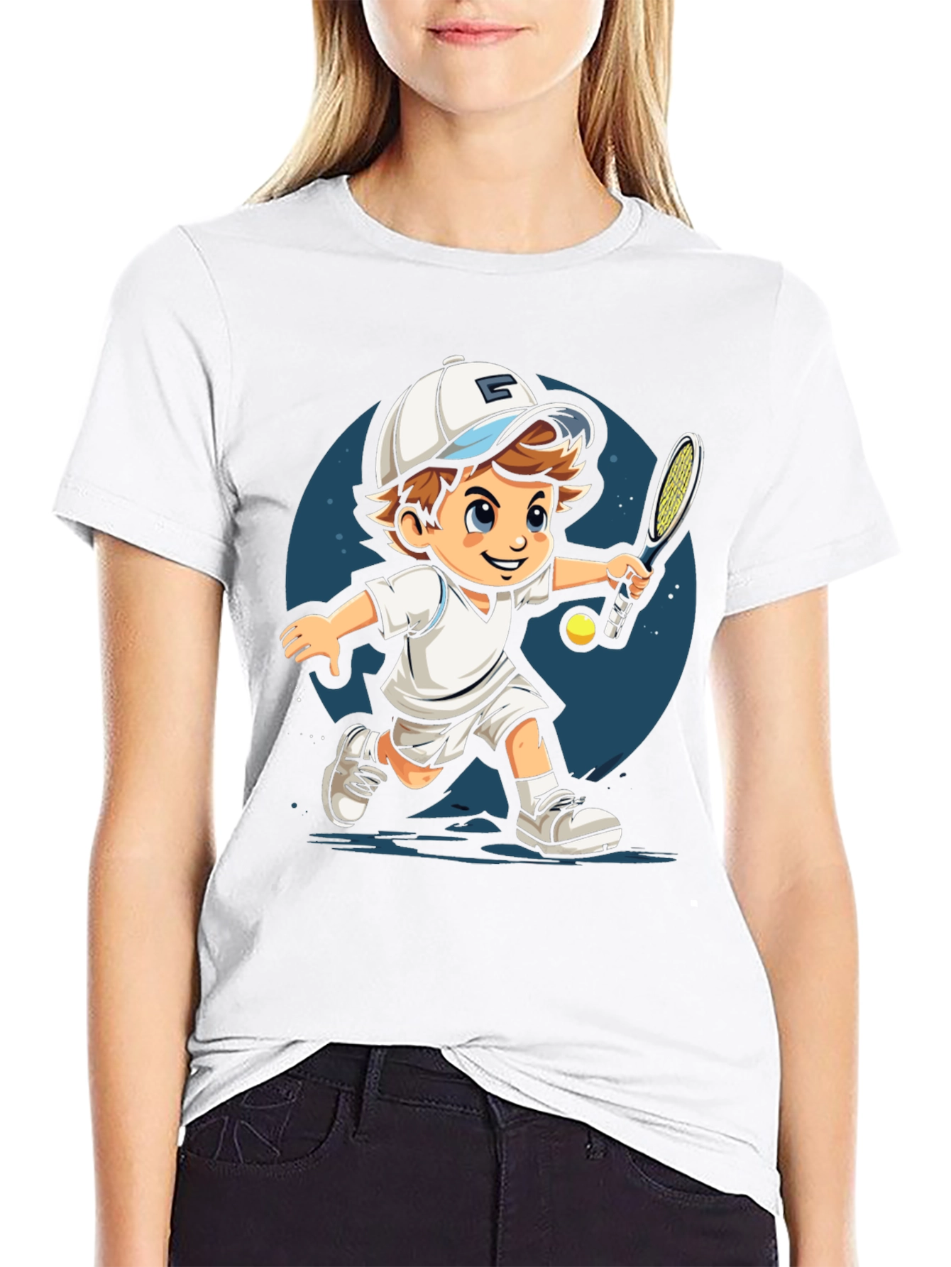 Cartoon Tennis Player Black T-Shirt