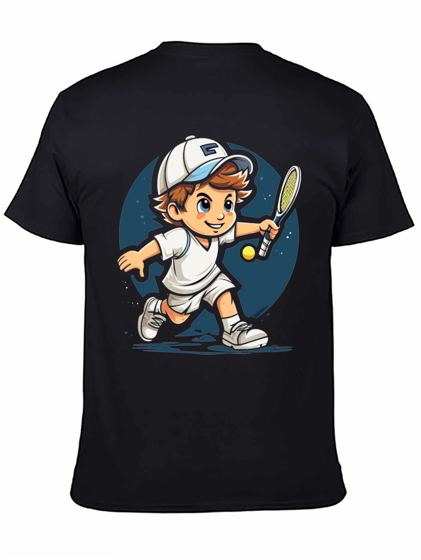 Cartoon Tennis Player Black T-Shirt