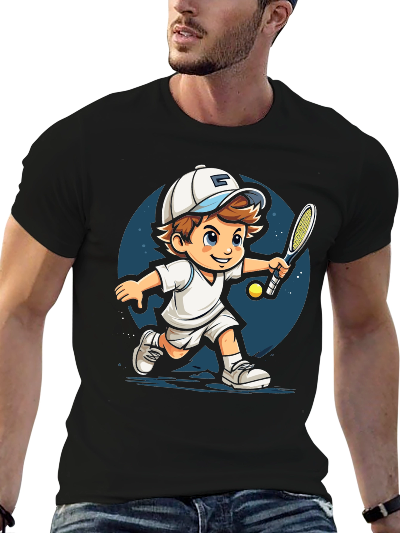 Cartoon Tennis Player Black T-Shirt