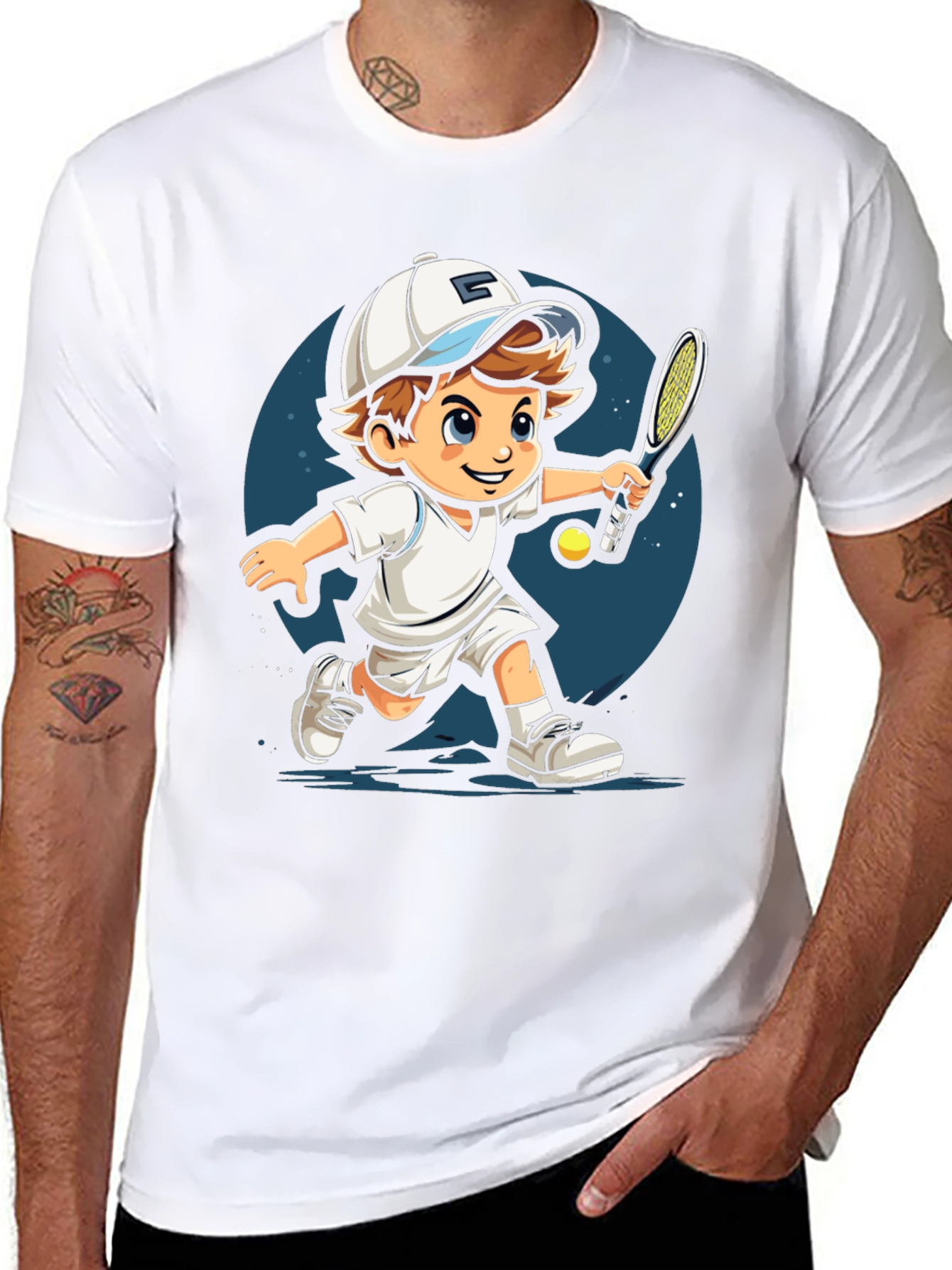Cartoon Tennis Player Black T-Shirt