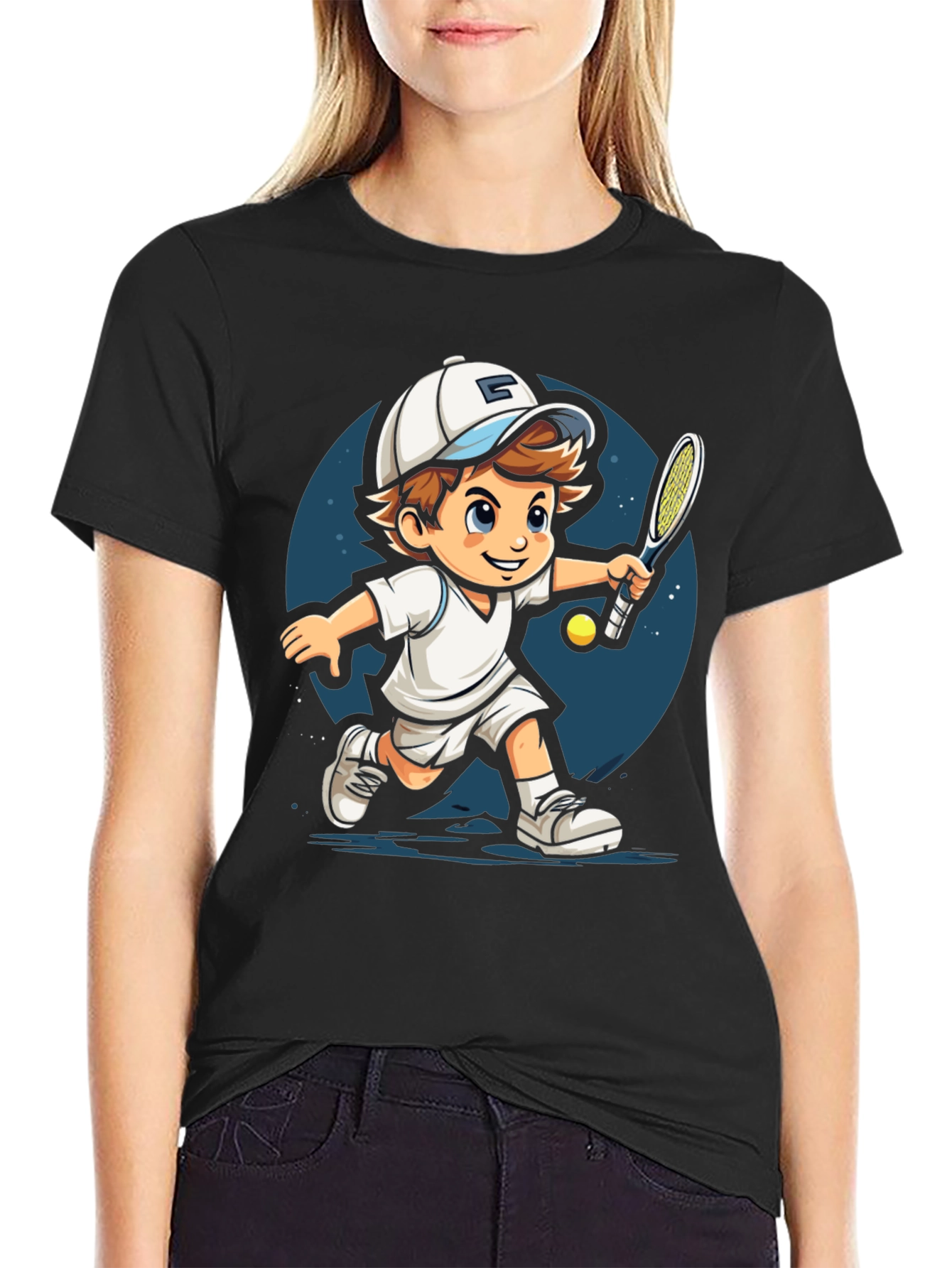 Cartoon Tennis Player Black T-Shirt