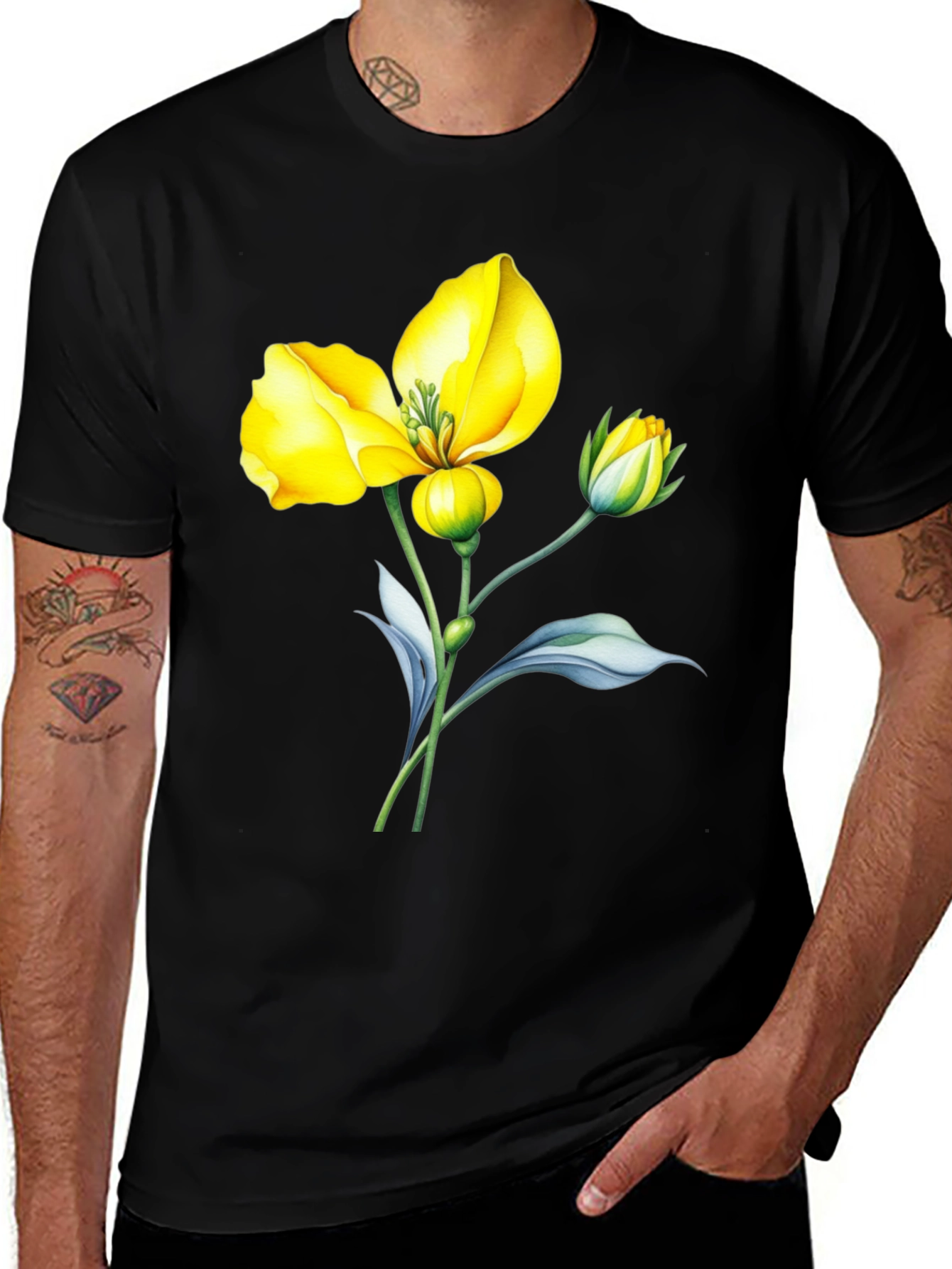 Black T-Shirt with Yellow Flower Graphic