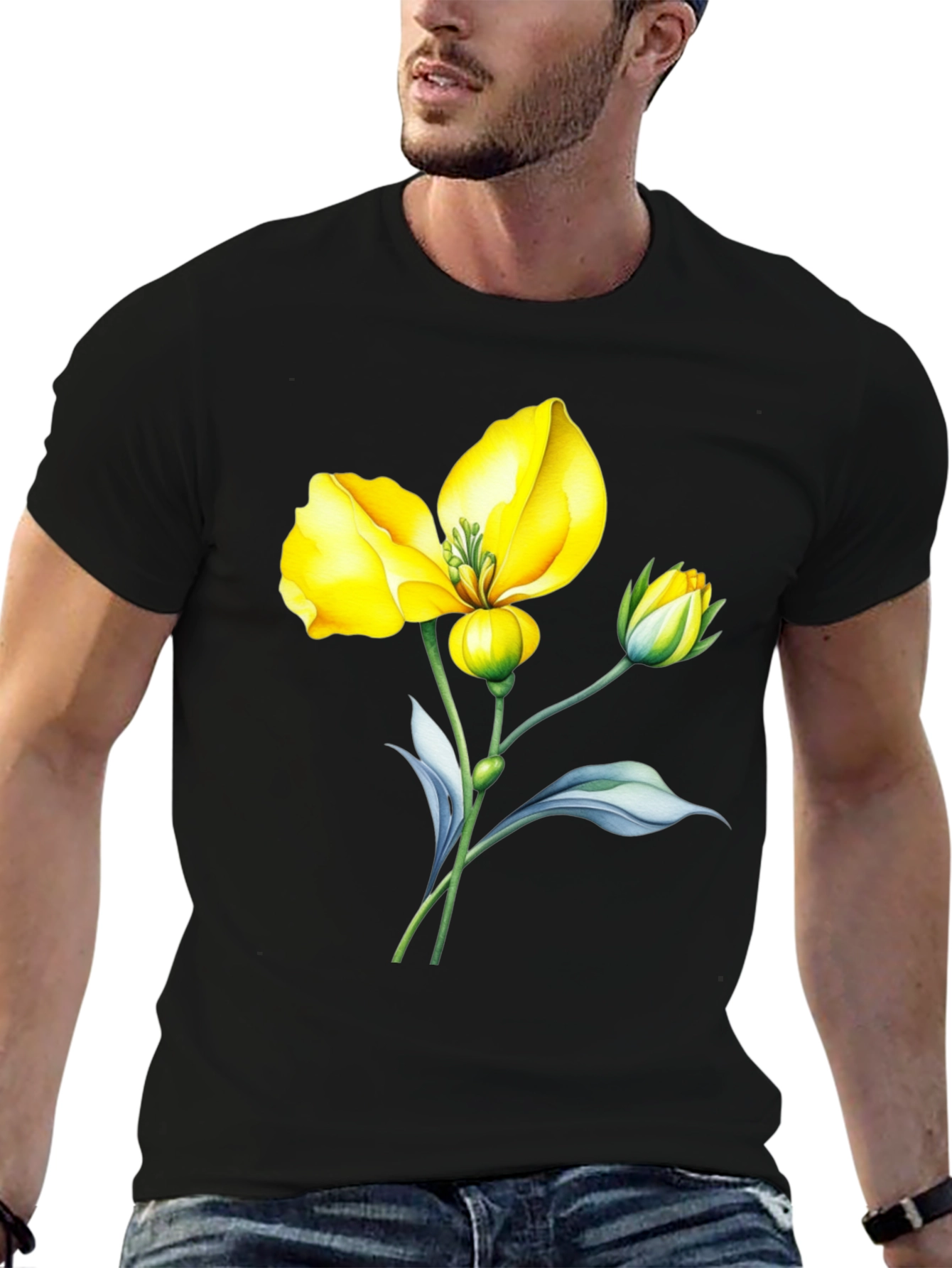 Black T-Shirt with Yellow Flower Graphic