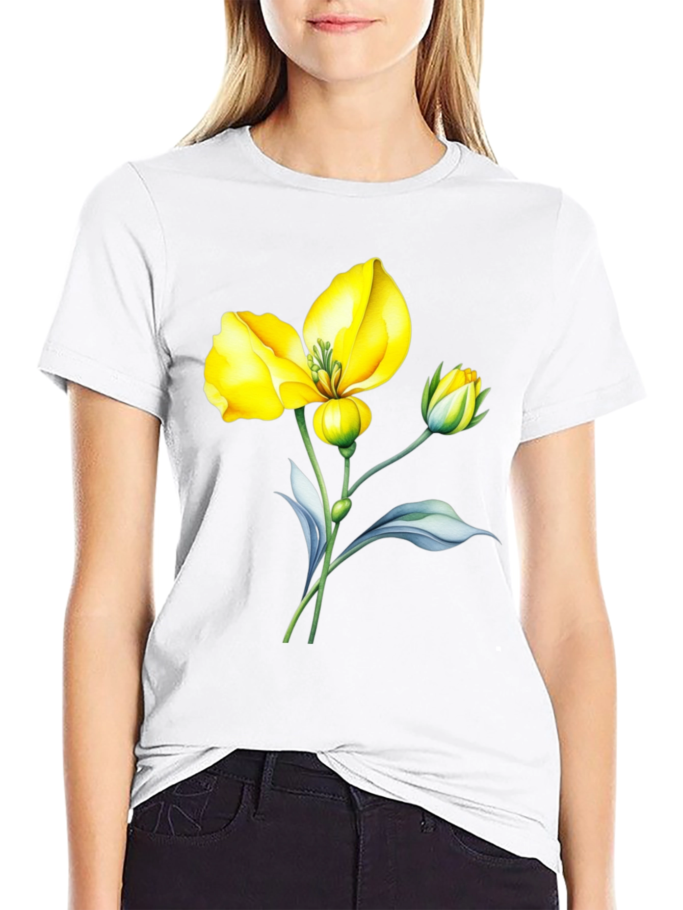 Black T-Shirt with Yellow Flower Graphic