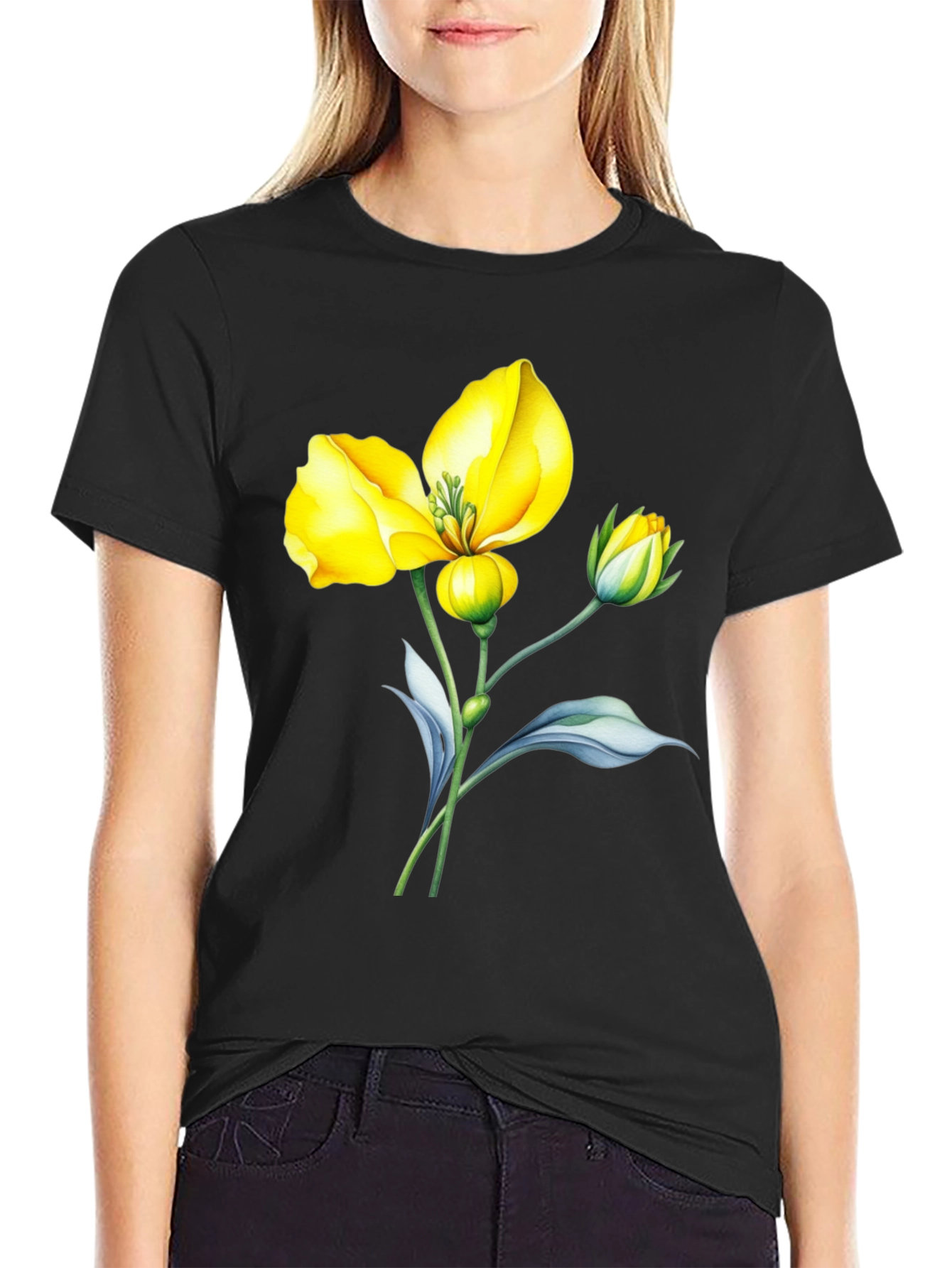 Black T-Shirt with Yellow Flower Graphic