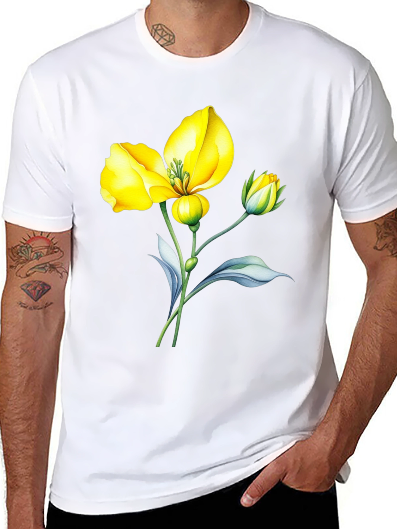Black T-Shirt with Yellow Flower Graphic