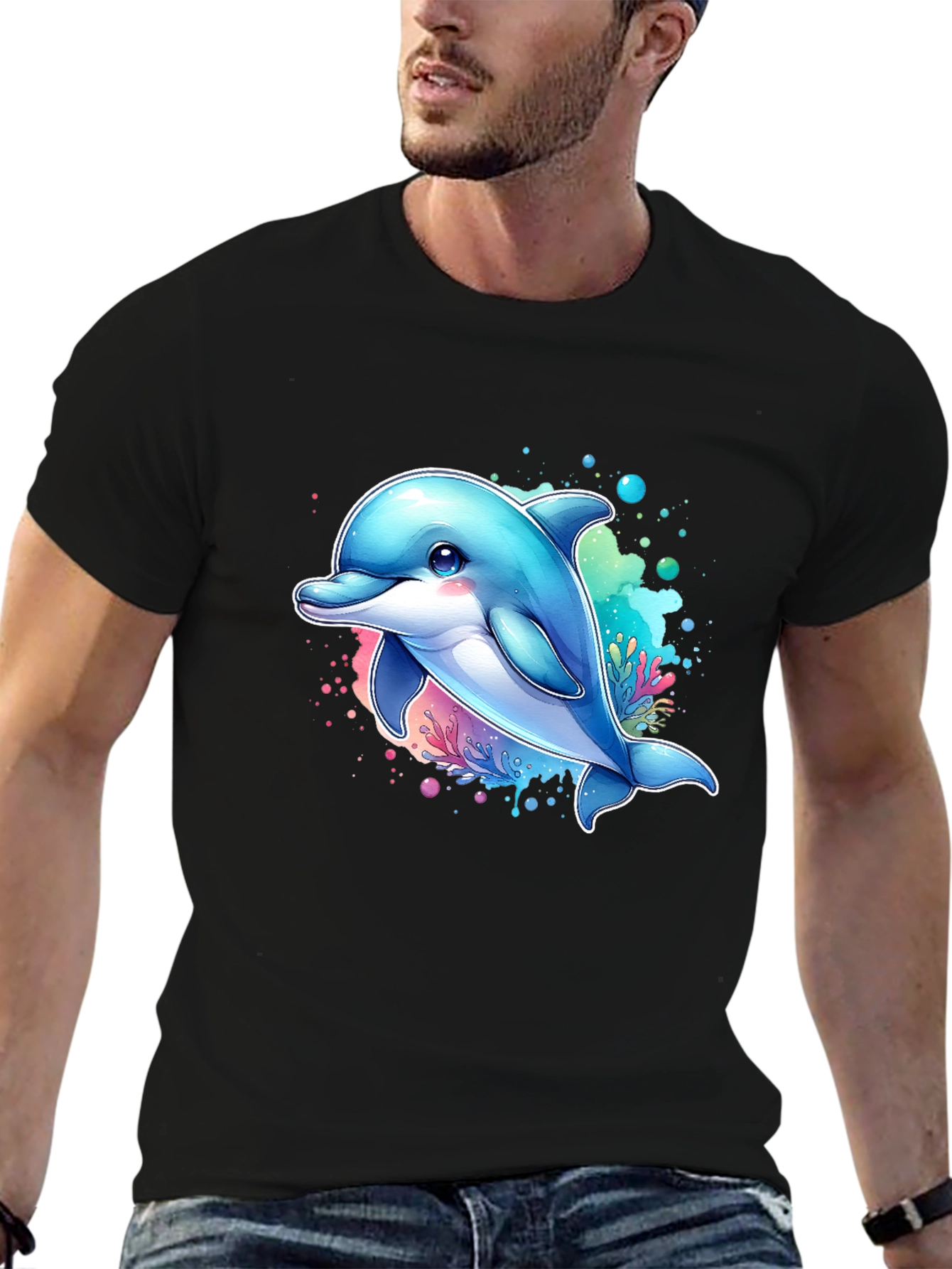Dolphin Graphic Tee - Black Cotton Blend Casual Wear