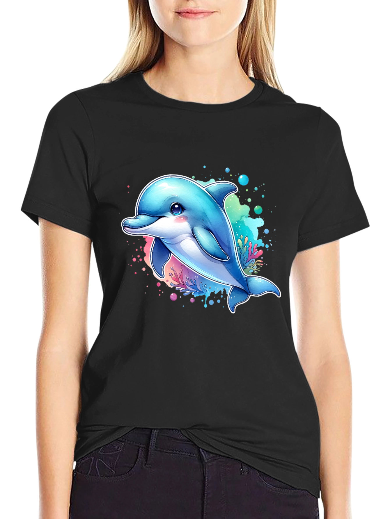 Dolphin Graphic Tee - Black Cotton Blend Casual Wear