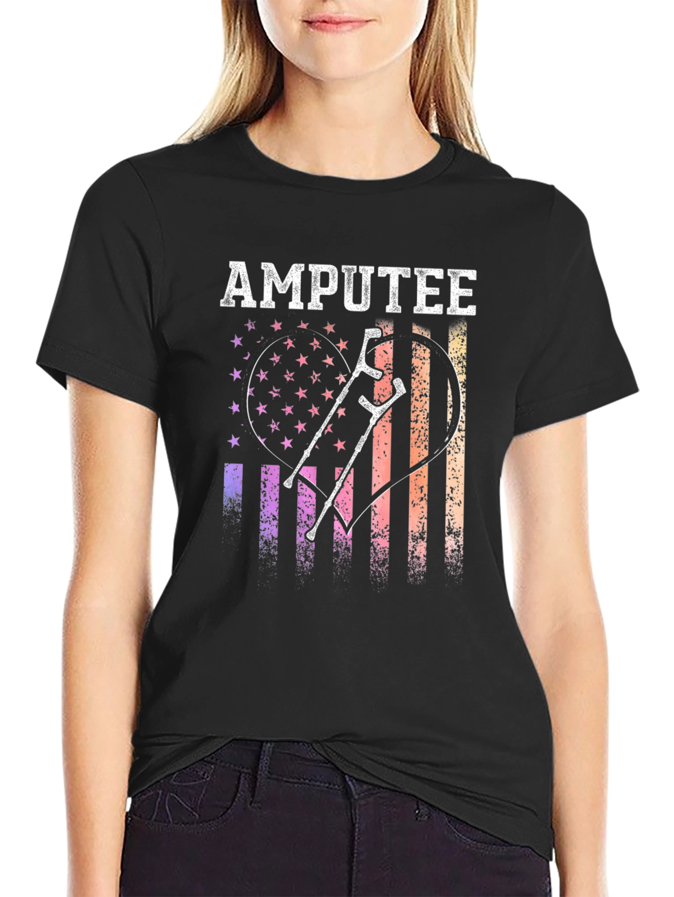 Amputee Pride T-Shirt American Flag Heart Crutches