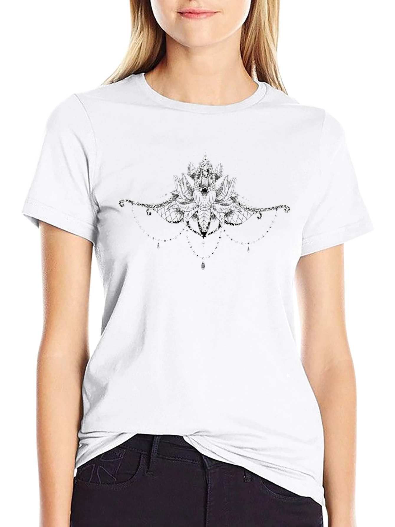 Elegant Black T-Shirt with Lotus Design
