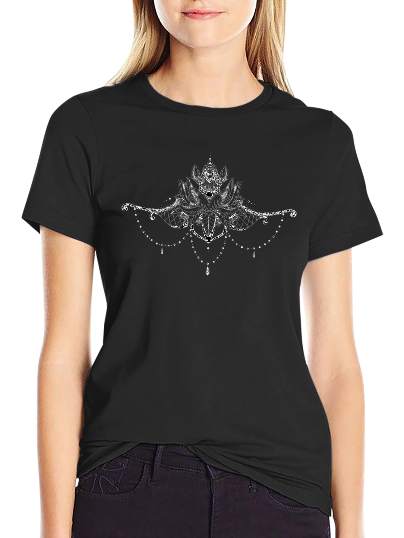 Elegant Black T-Shirt with Lotus Design