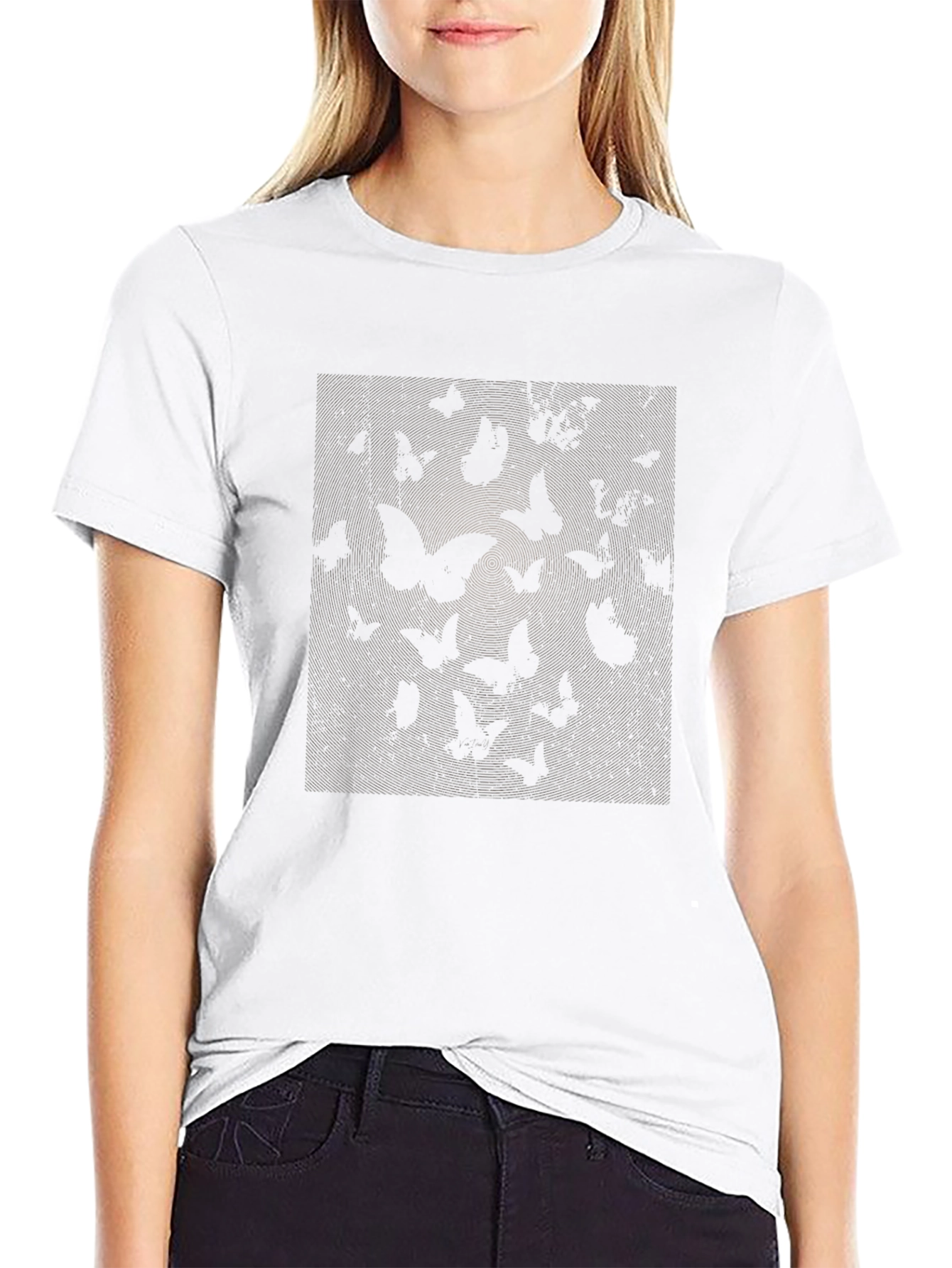Black Butterfly Print Crew Neck Tee