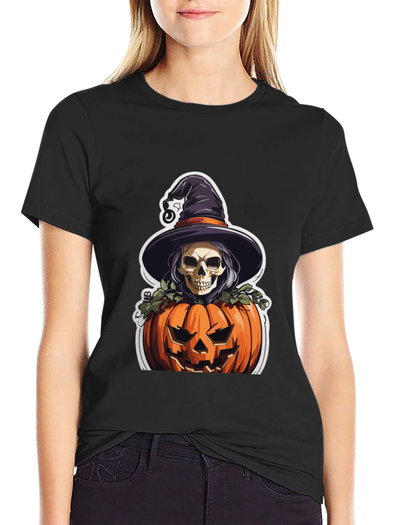 Skull Witch Pumpkin Graphic Tee - Halloween