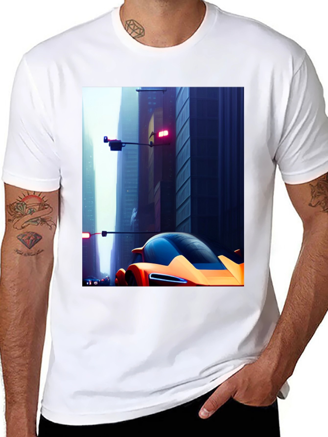 Futuristic Car Graphic Tee - Sleek Cityscape Design