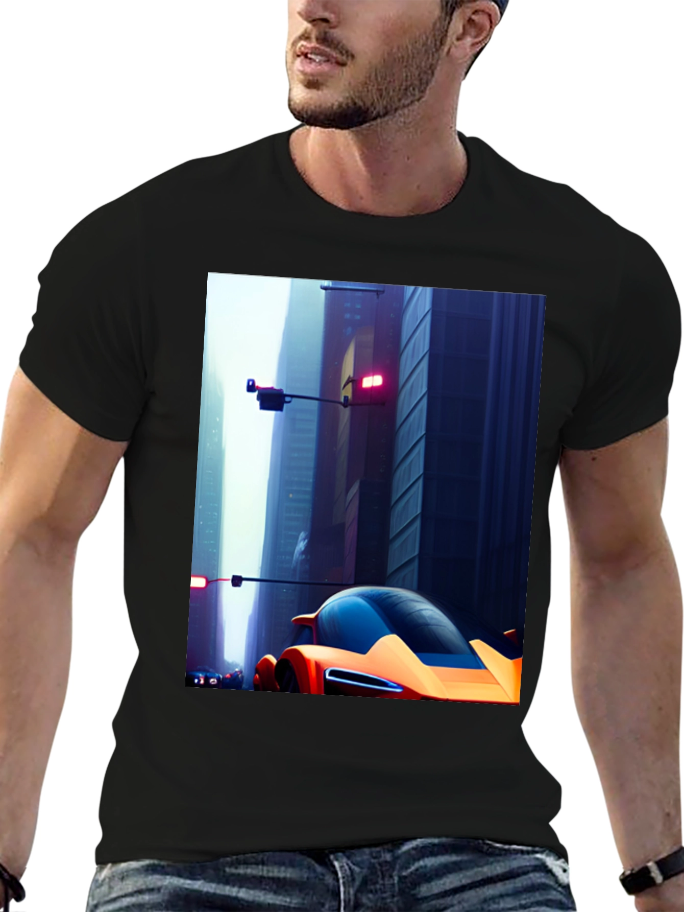 Futuristic Car Graphic Tee - Sleek Cityscape Design