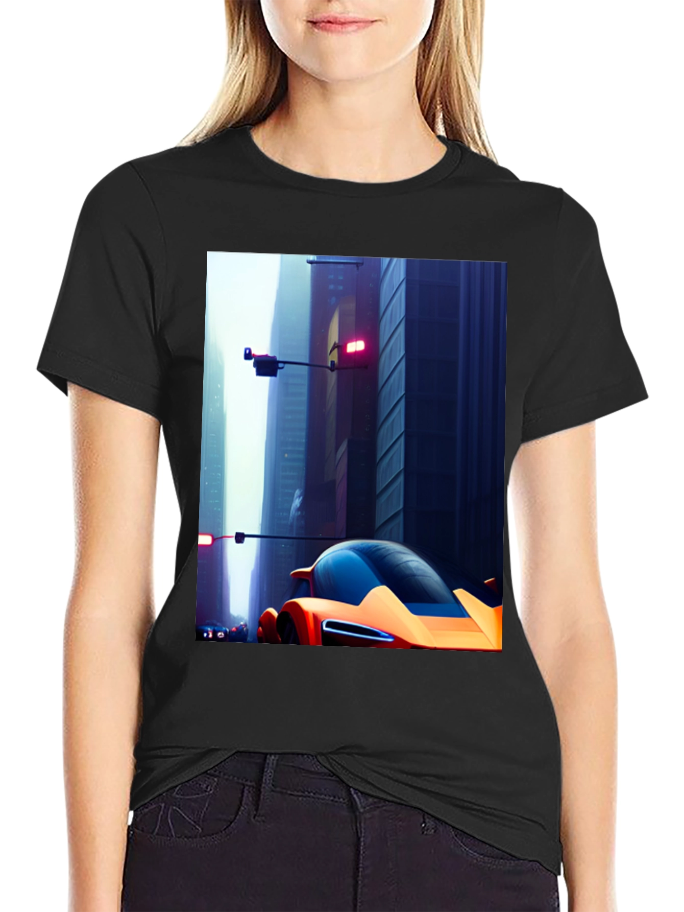 Futuristic Car Graphic Tee - Sleek Cityscape Design