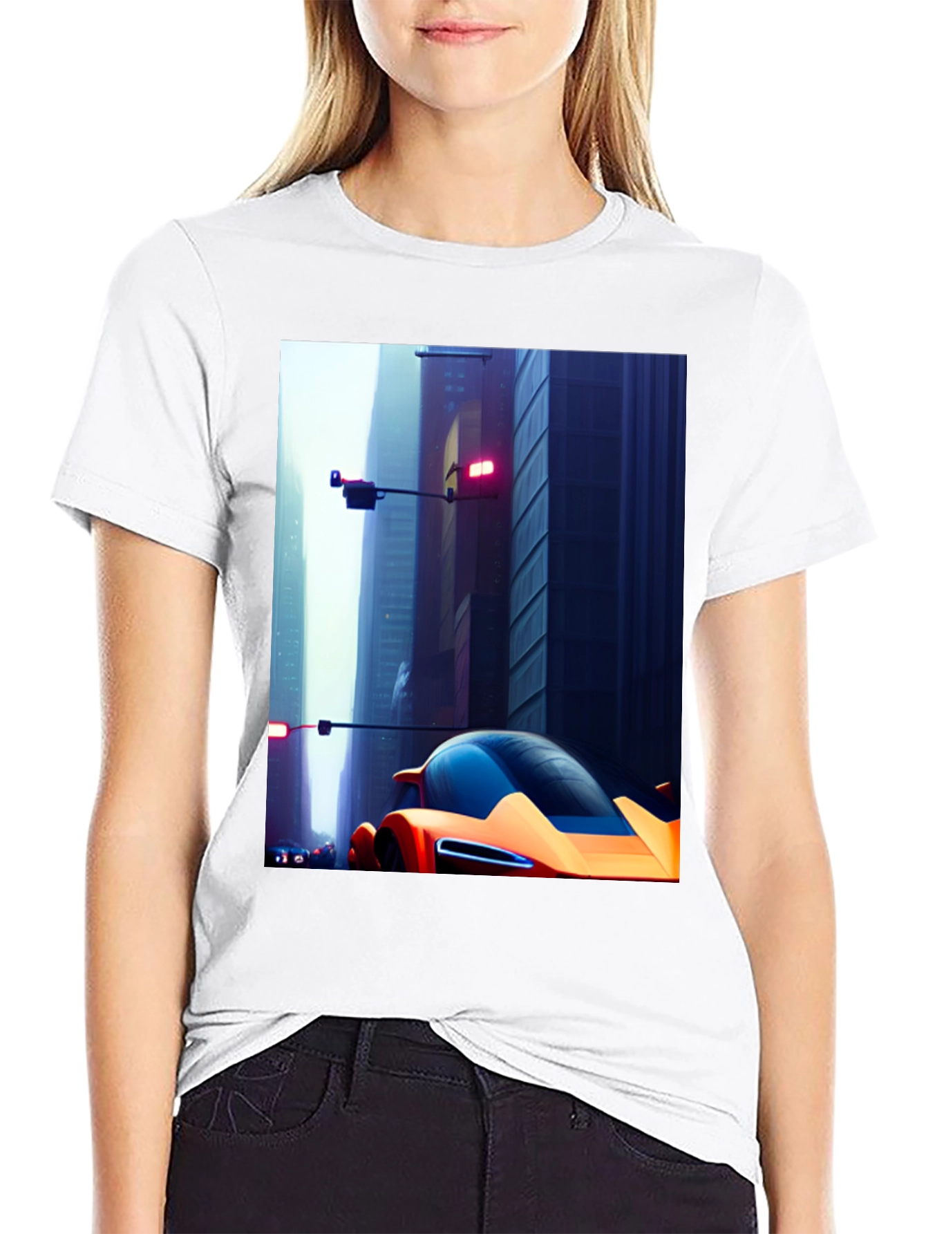 Futuristic Car Graphic Tee - Sleek Cityscape Design