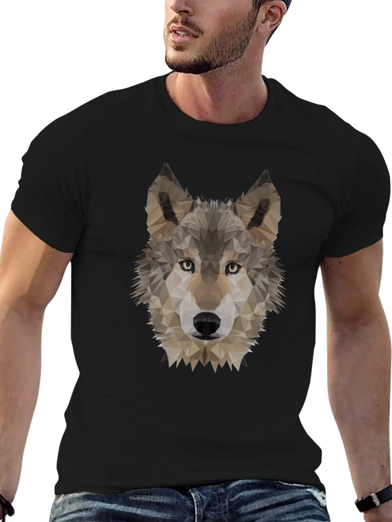 Geometric Wolf Head Graphic Tee - Black
