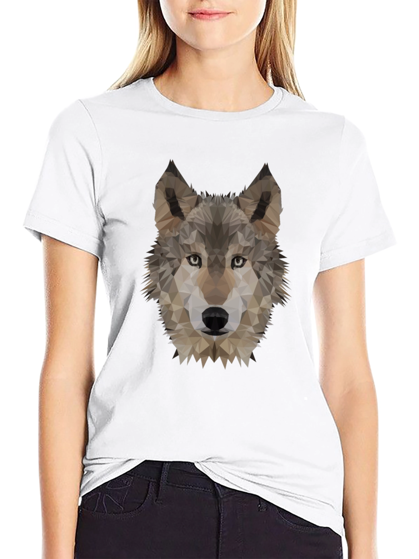 Geometric Wolf Head Graphic Tee - Black