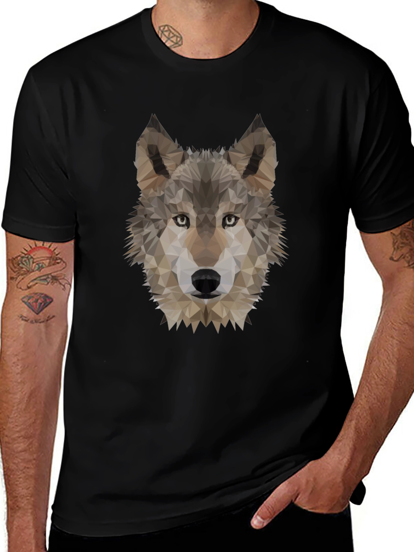 Geometric Wolf Head Graphic Tee - Black