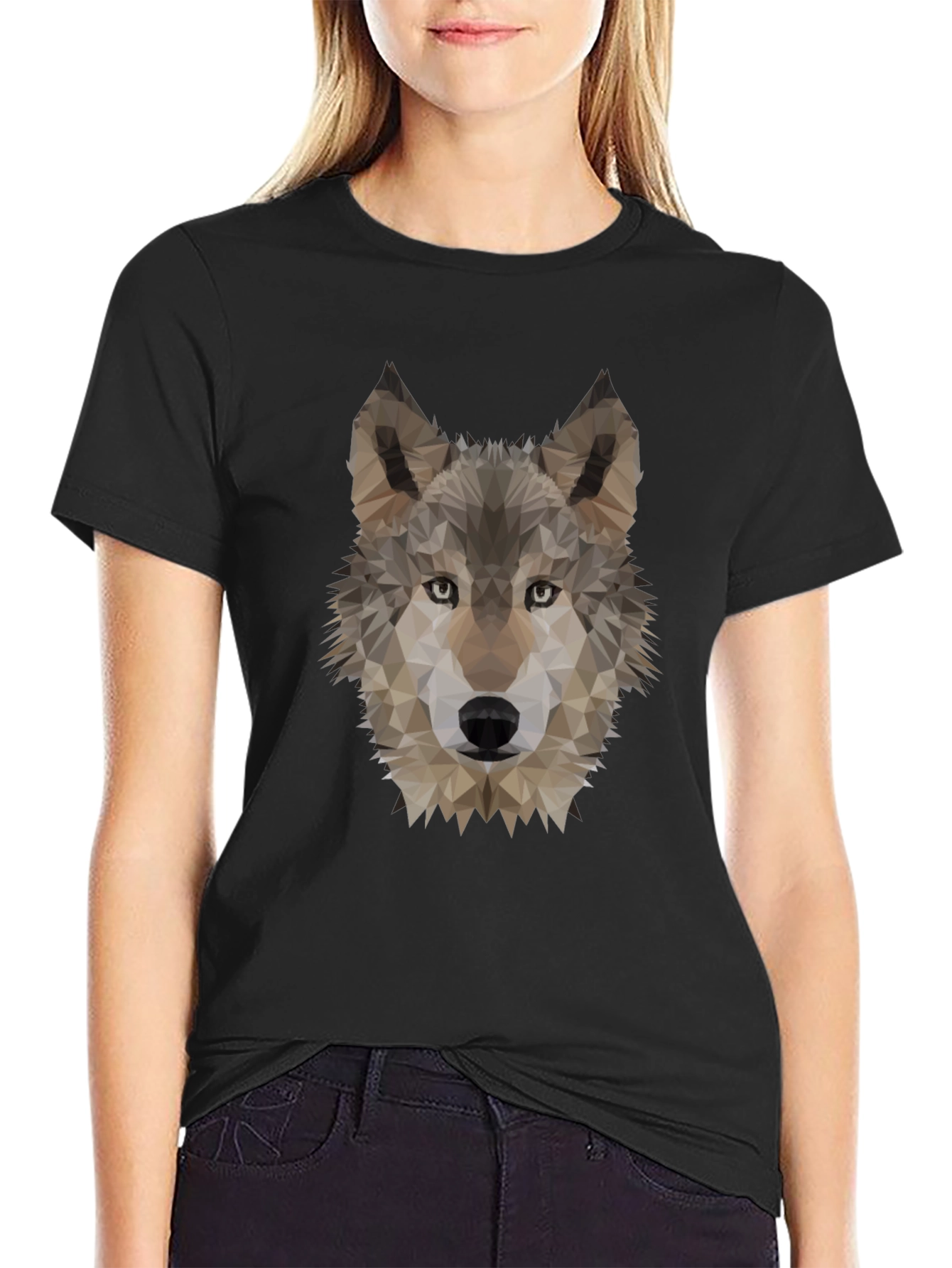 Geometric Wolf Head Graphic Tee - Black