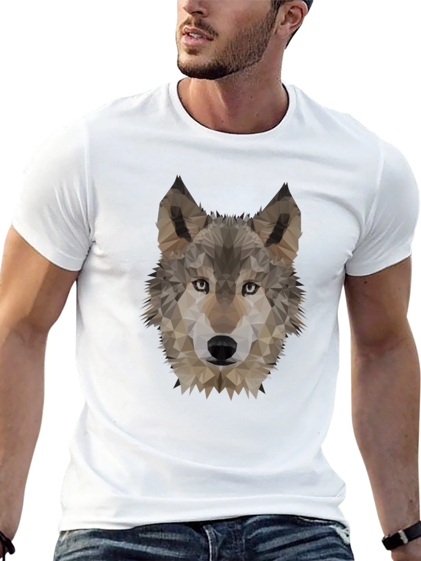 Geometric Wolf Head Graphic Tee - Black