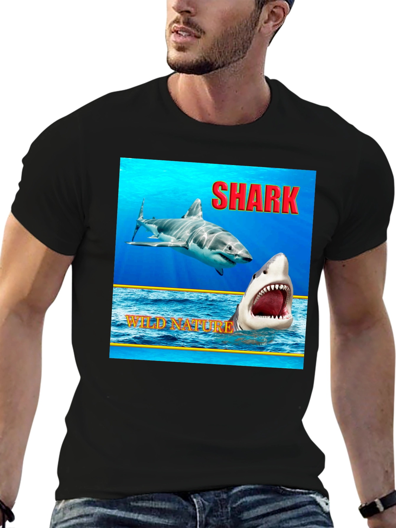 Shark Wild Nature Graphic Black T-Shirt