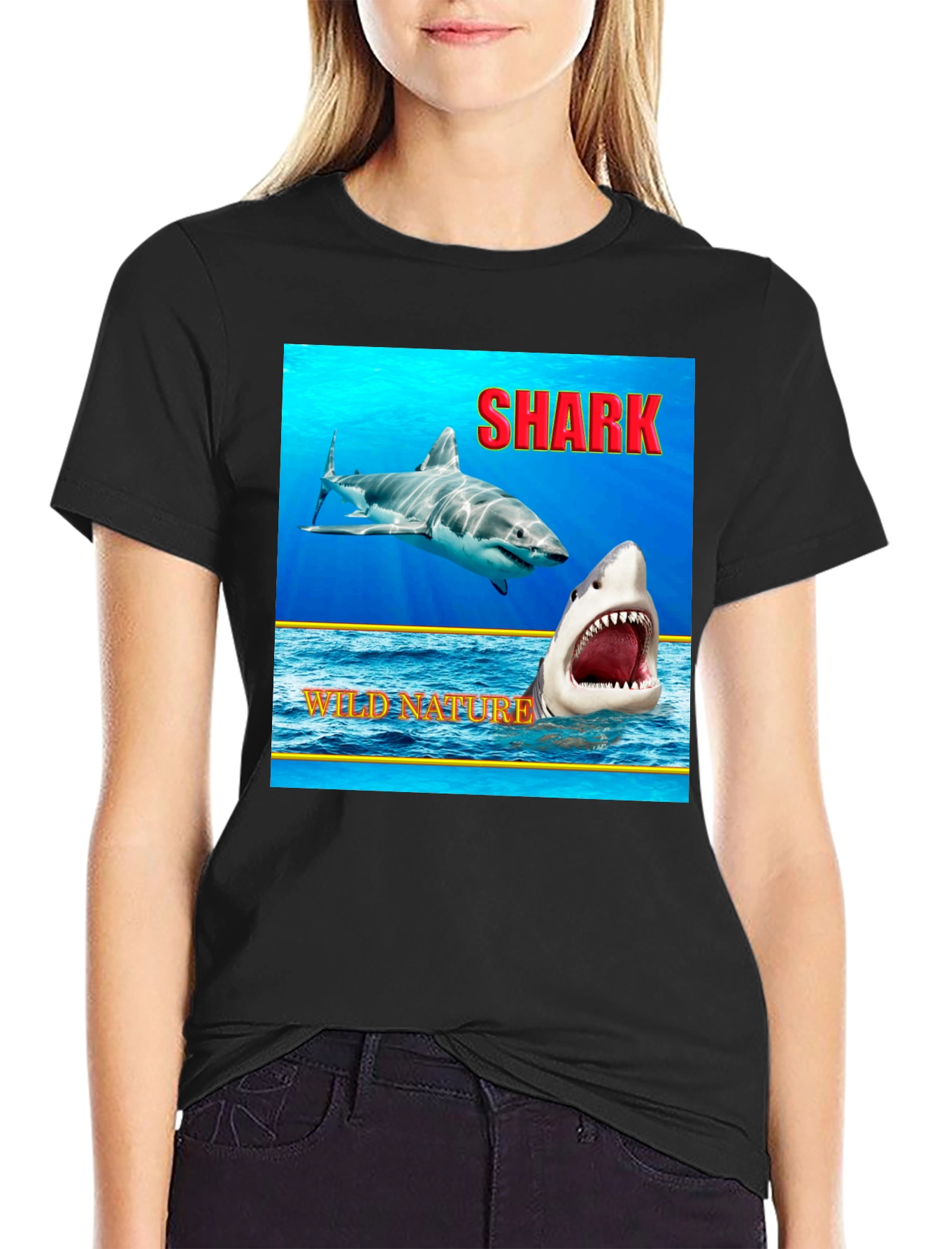 Shark Wild Nature Graphic Black T-Shirt