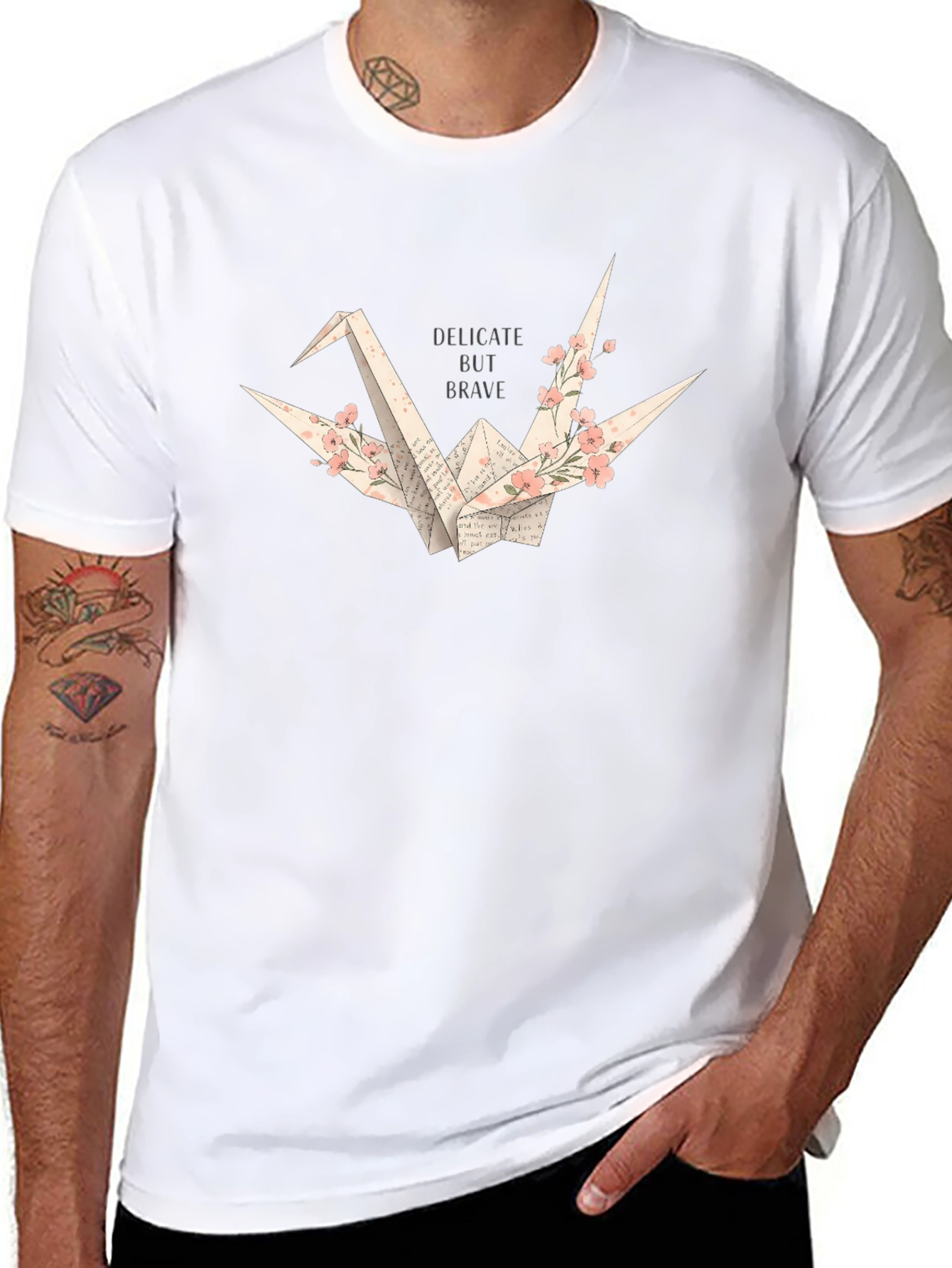 Delicate But Brave Origami Crane Black T-Shirt