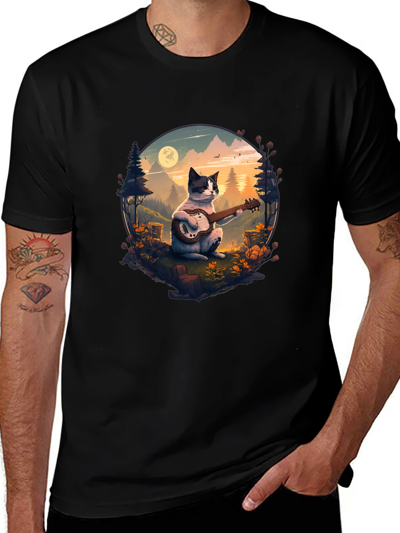 Cat Guitarist Graphic Tee - Unique Nature Design