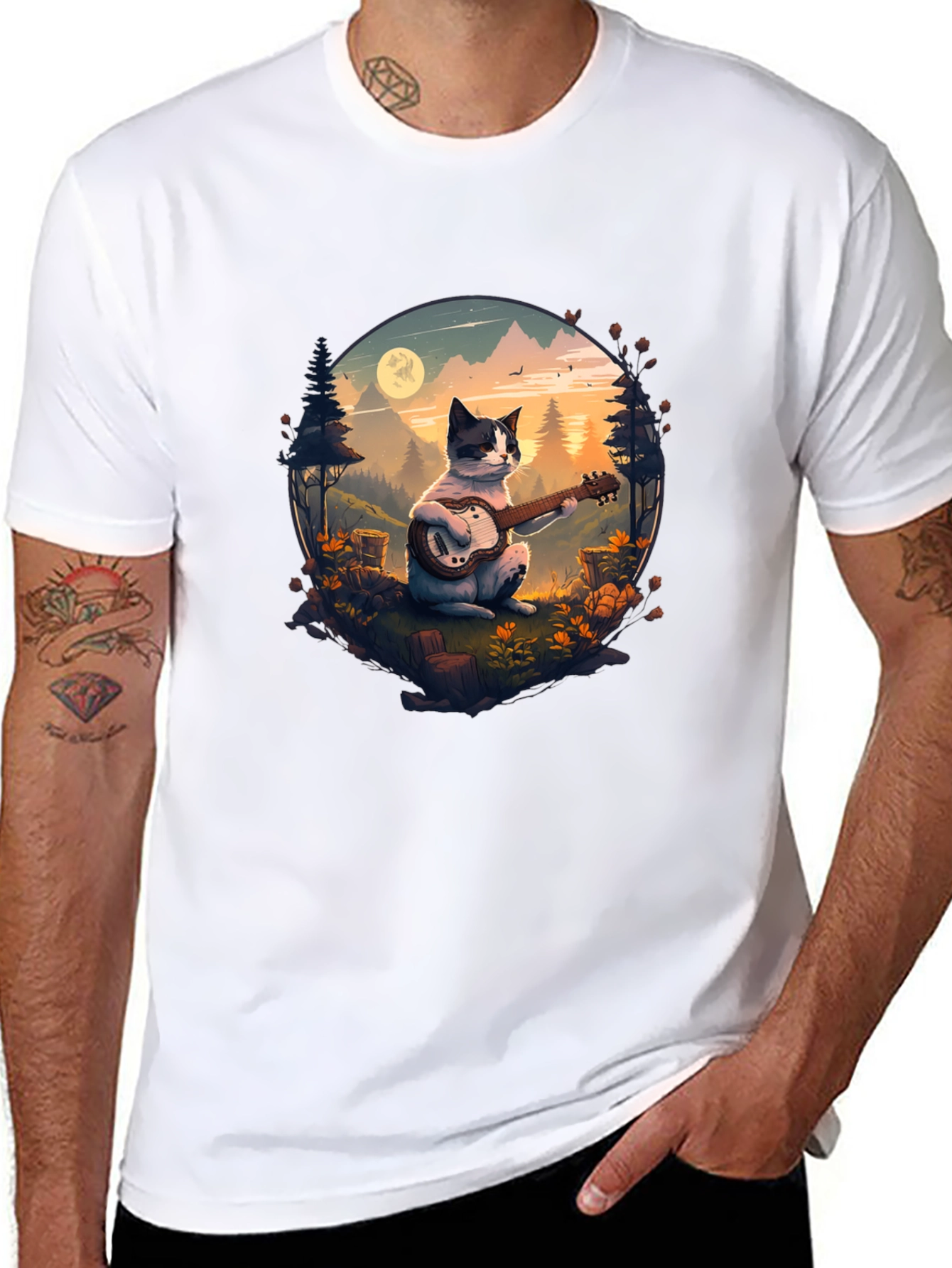 Cat Guitarist Graphic Tee - Unique Nature Design