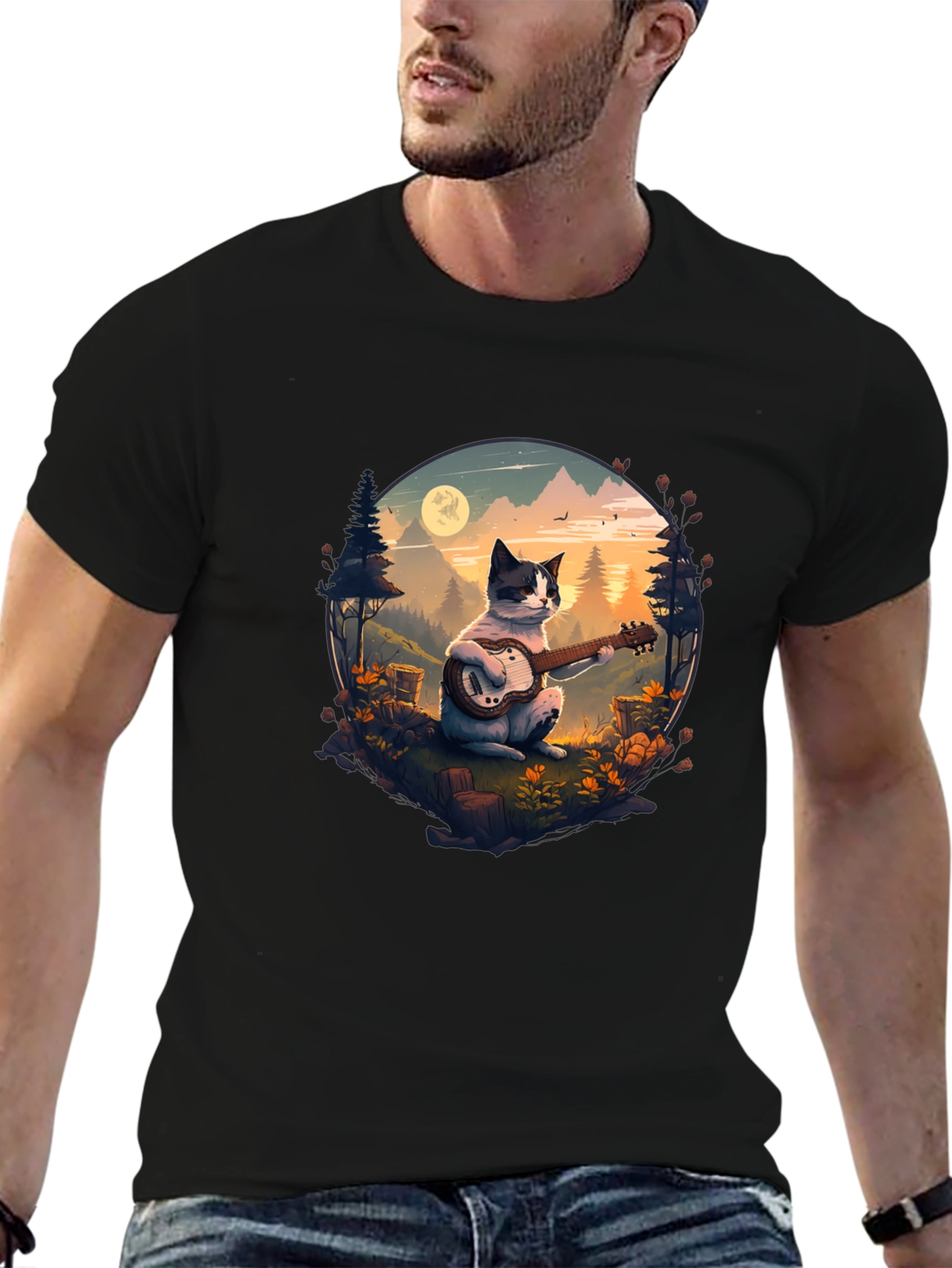Cat Guitarist Graphic Tee - Unique Nature Design
