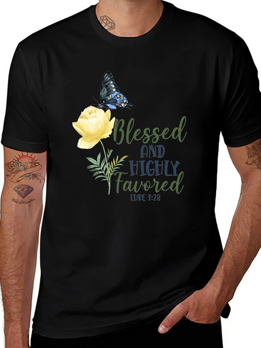 Blessed and Highly Favored T-Shirt with Butterfly & Rose