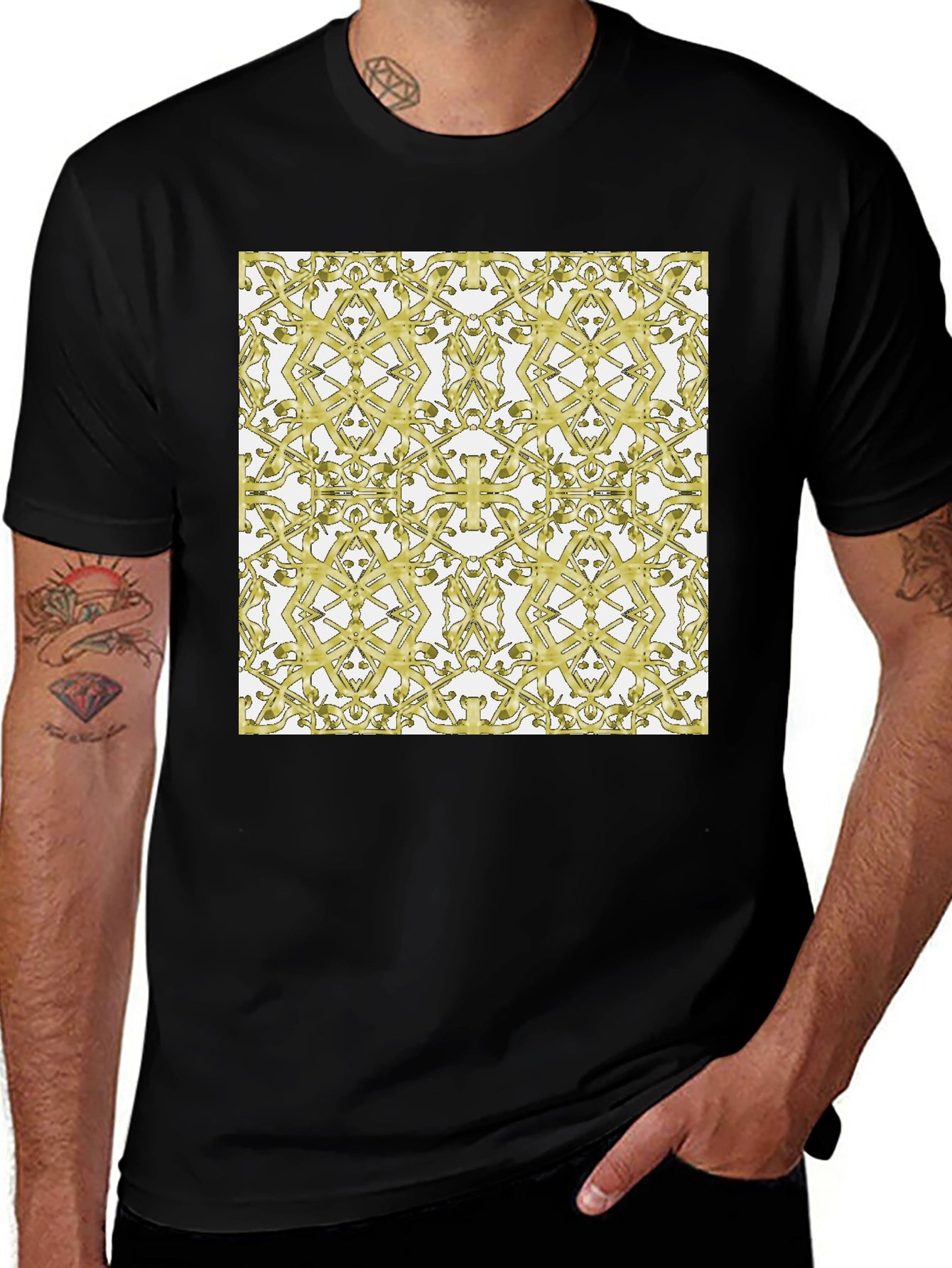 Gold Patterned Black T-Shirt