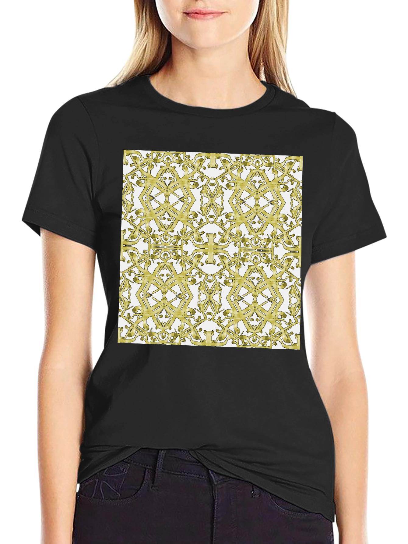 Gold Patterned Black T-Shirt