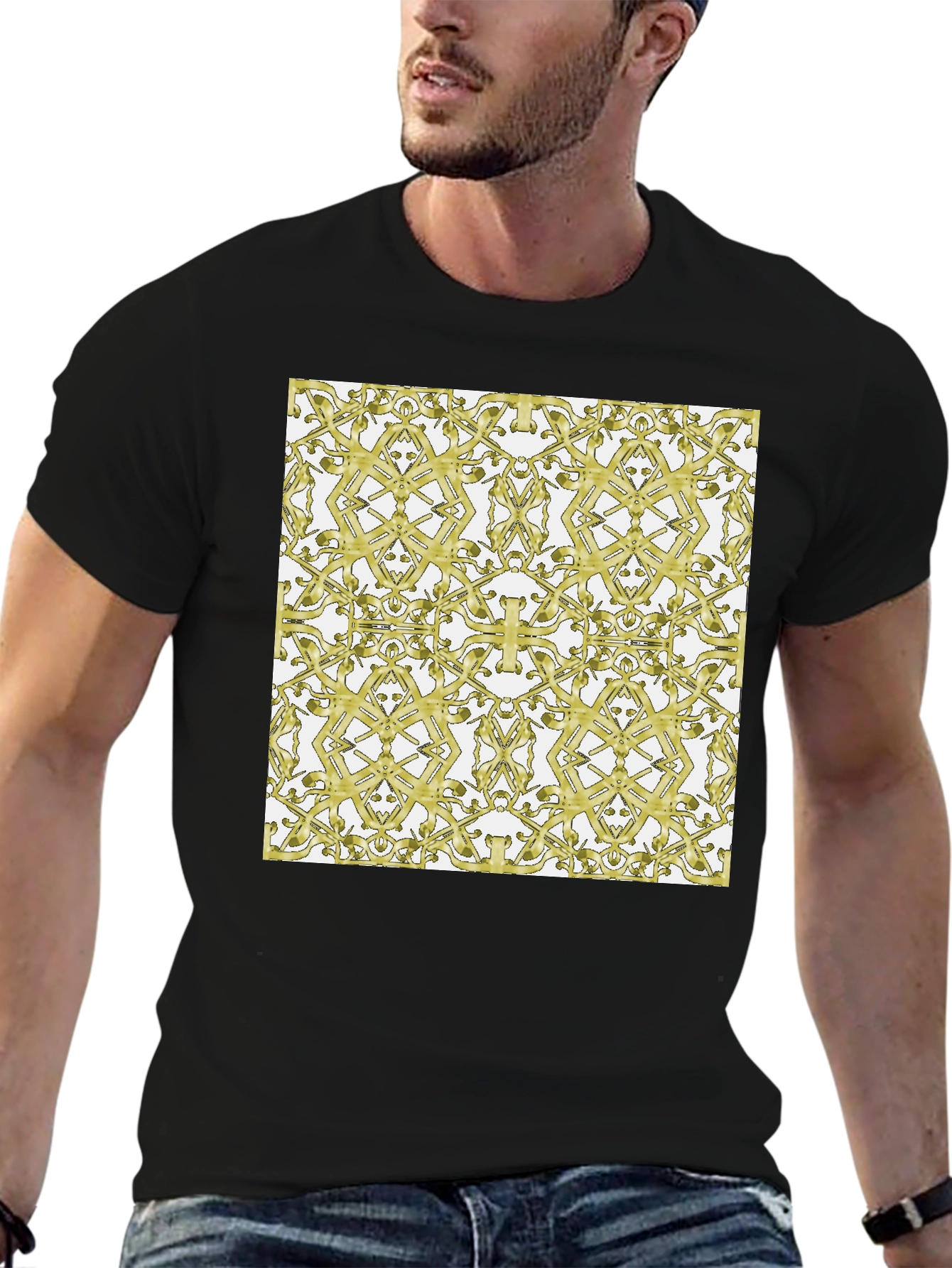 Gold Patterned Black T-Shirt