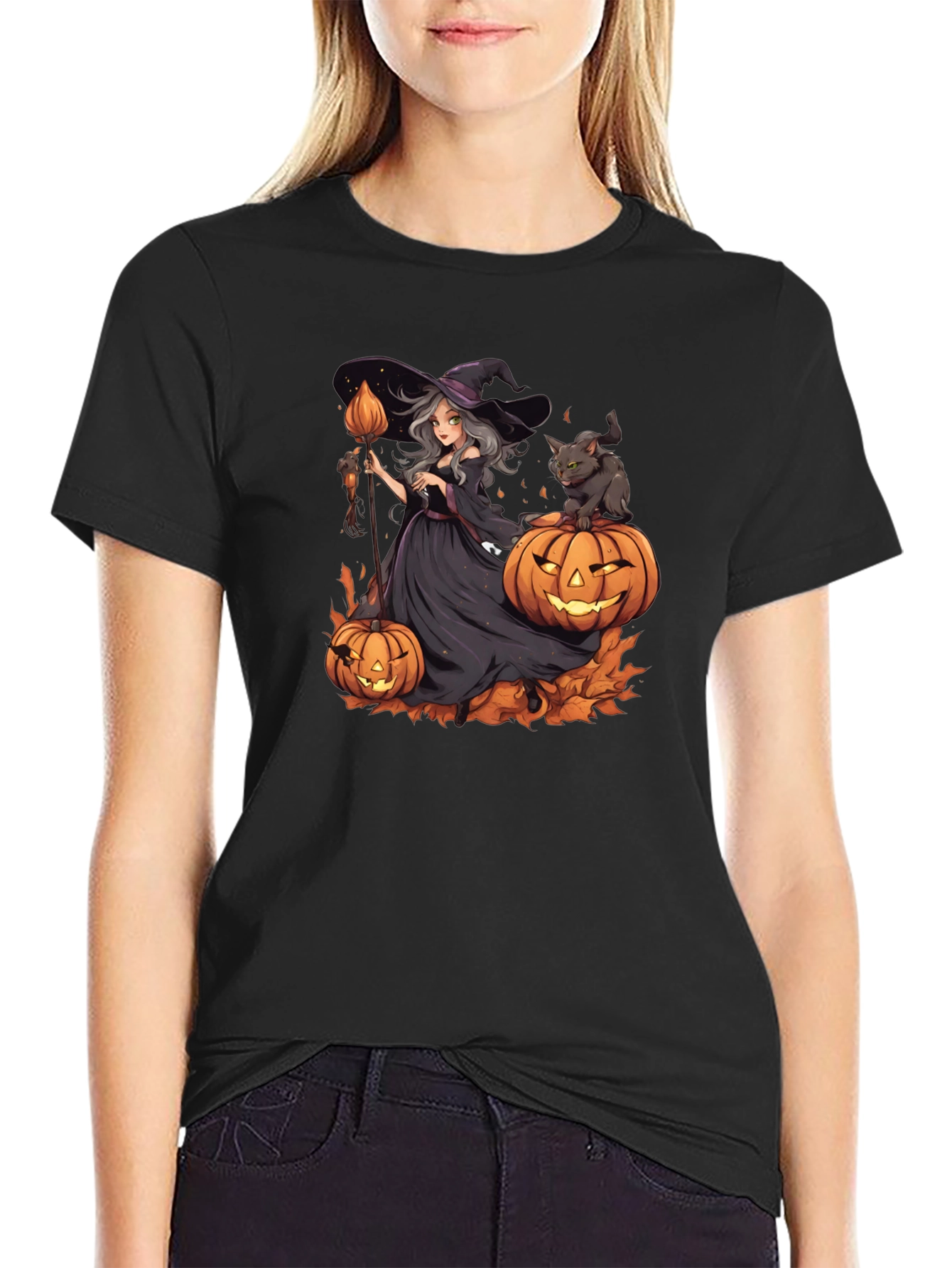 Halloween Witch & Cat Graphic Tee