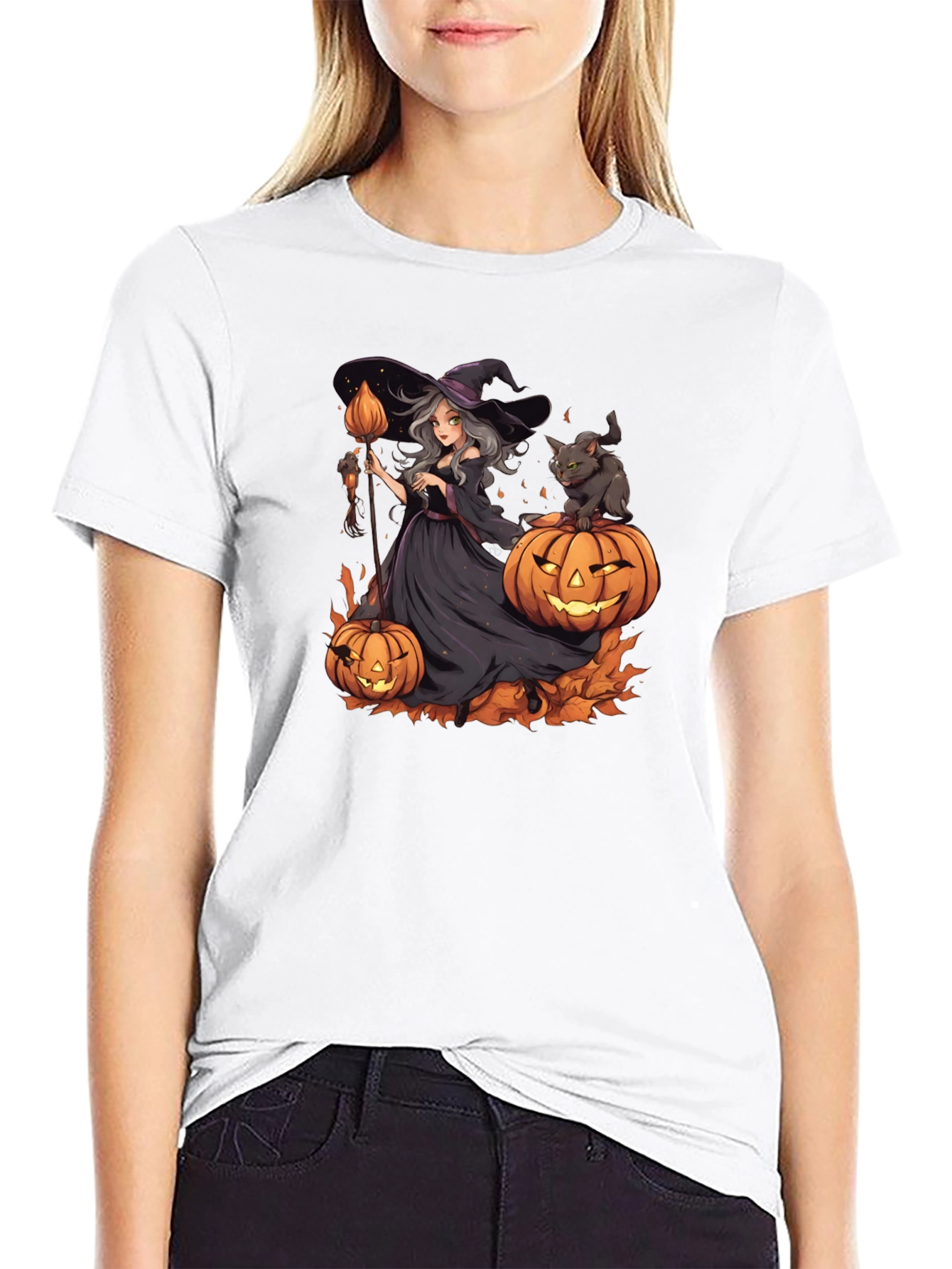 Halloween Witch & Cat Graphic Tee